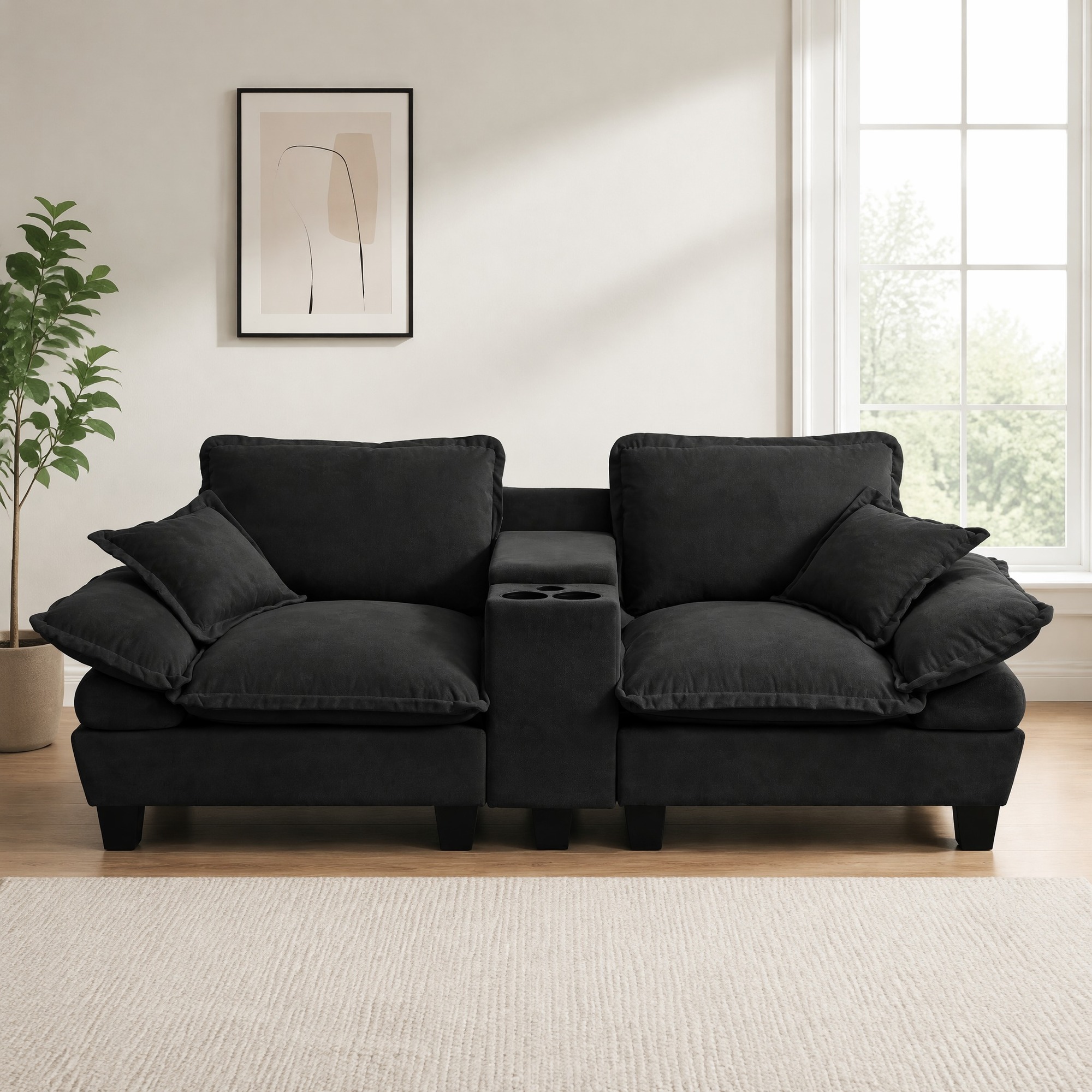 Canapé Modulable Nuage 2 Places Avec Porte-gobelets, Rangement Et Usb, Chenille Noire