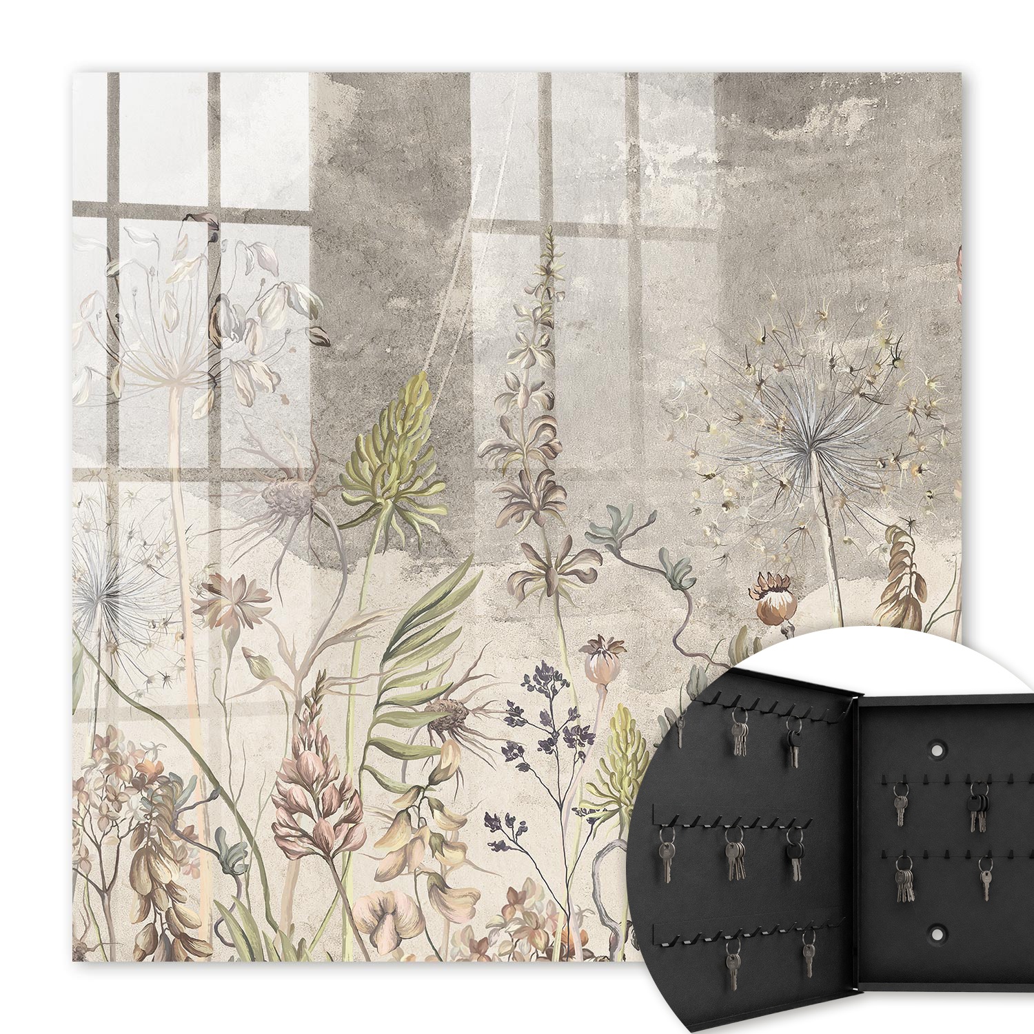 Armoire À Clés - (30 Cm X 30 Cm) - Boîte À Clés Murale - Coffret De Rangement Pour Clés - Couleur Noire - Ouverture Vers La Gauche - Pour Maison Et Bureau - Plantes Anciennes