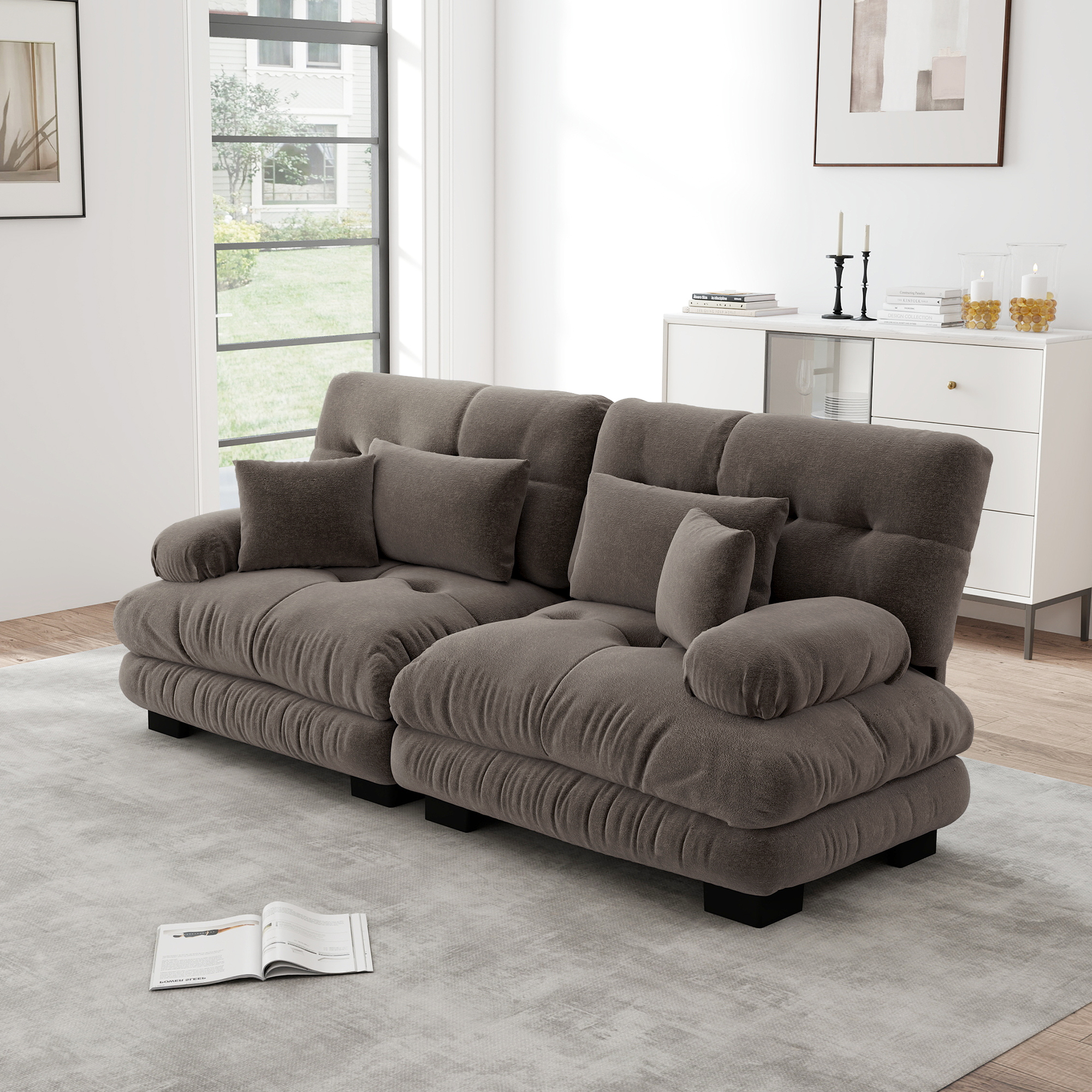 Redom Canapé 2 Places Modulaire De Salon, Assise Profonde, Coussins Lombaires Et Décoratifs, Chenille Marron