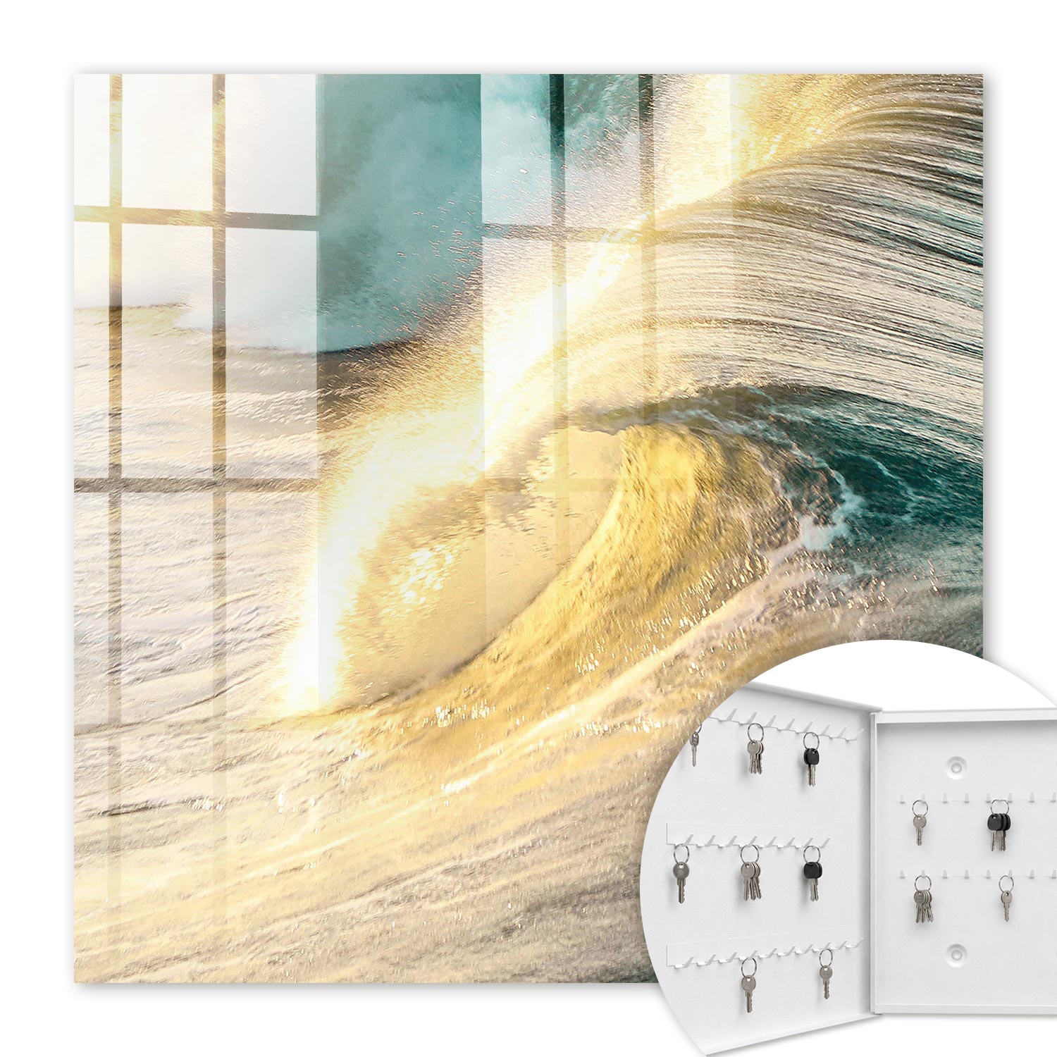Armoire À Clés - (30 Cm X 30 Cm) - Boîte À Clés Murale - Coffret De Rangement Pour Clés - Couleur Blanche - Ouverture Vers La Gauche - Pour Maison Et Bureau - Vague De Mer