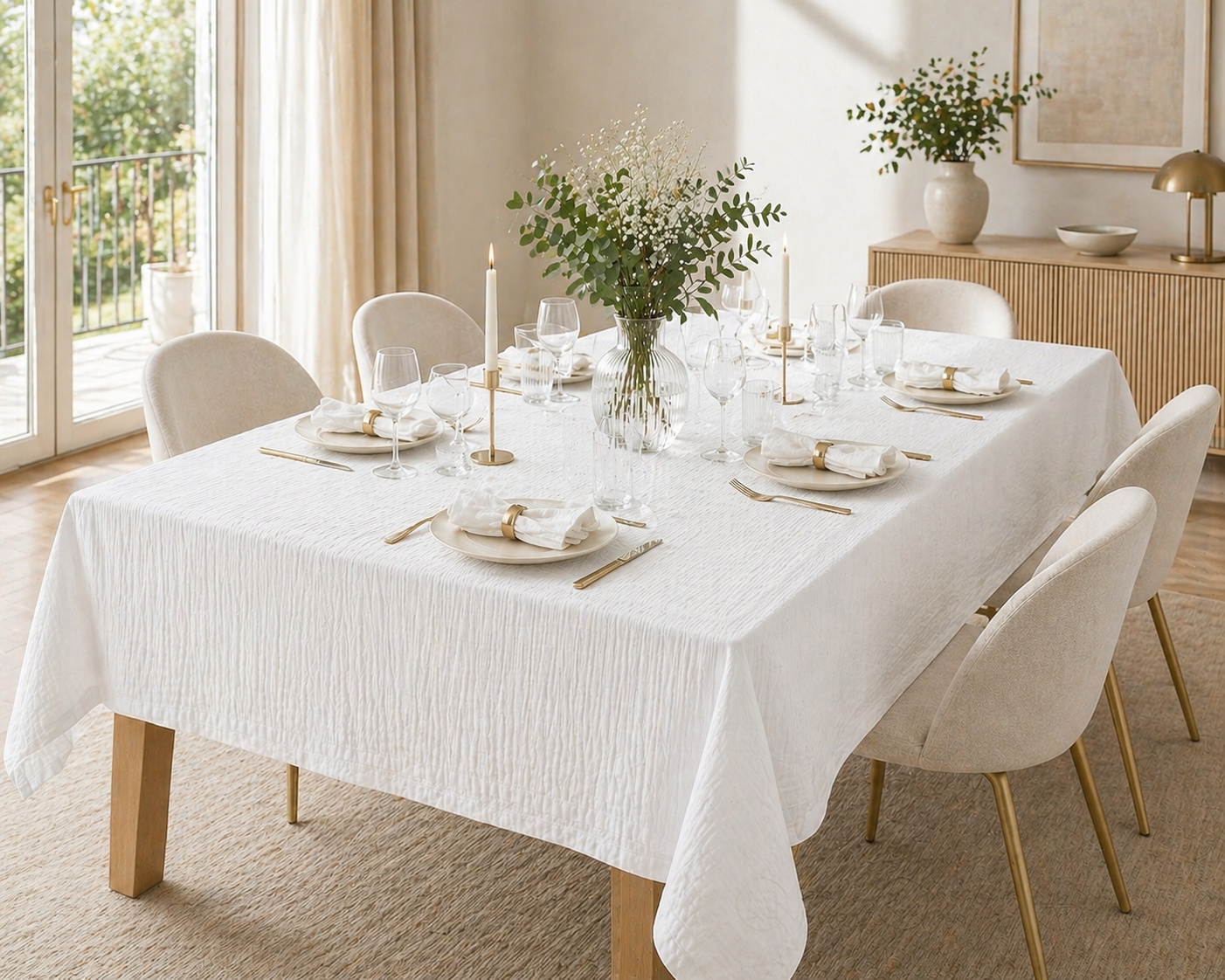 Nappe Rectangle 150 X 350 Cm + 6 Serviettes De Table - Double Gaze De Coton Gaïa Blanc