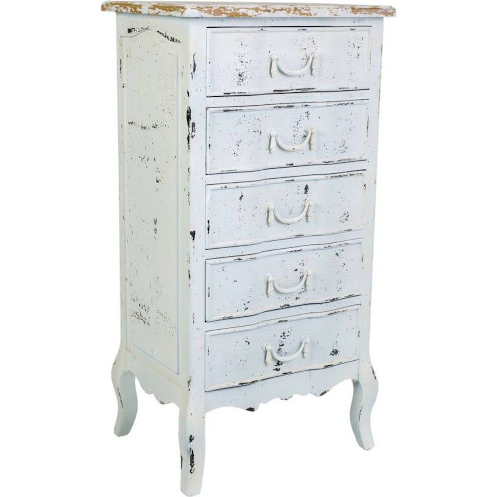 Commode Cinq Tiroirs Blanche Style Vintage En Bois Mdf - Blanc Patiné Effet Vieilli Bois Clair