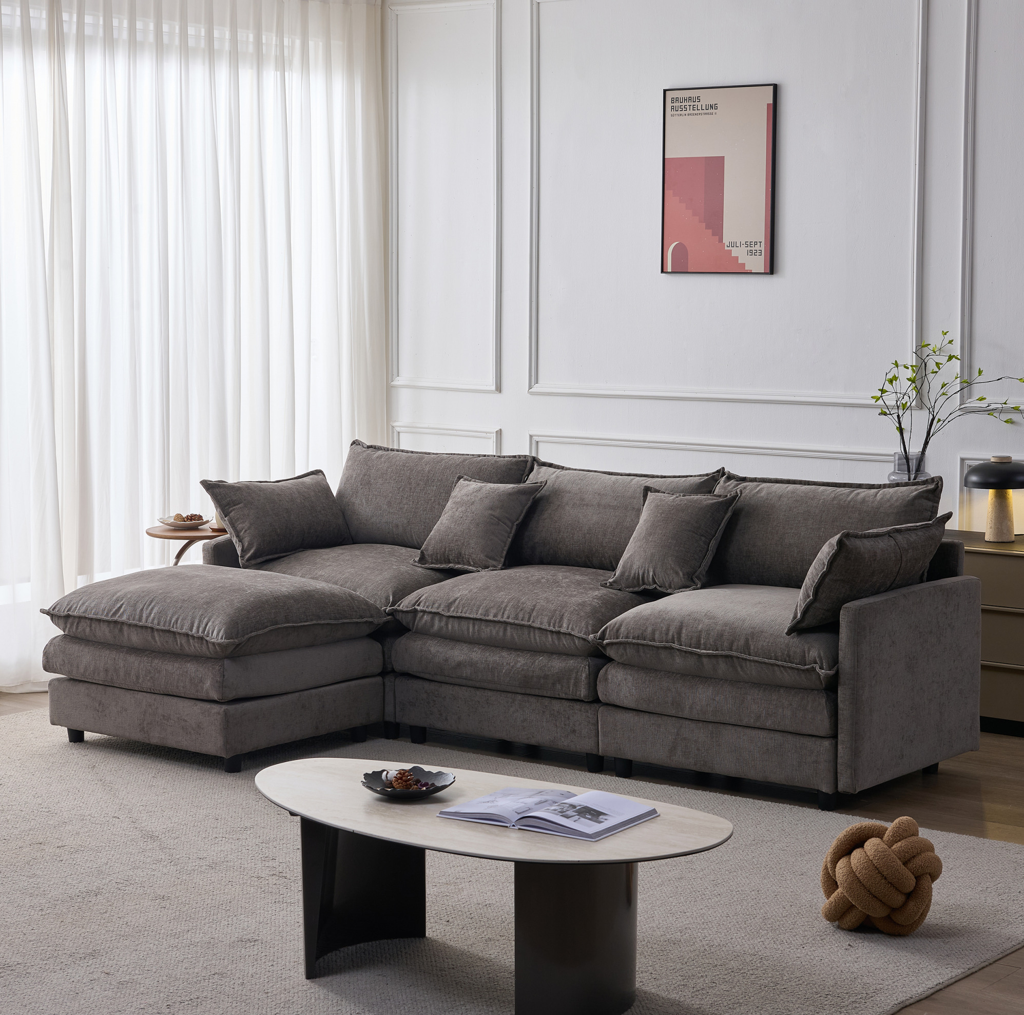 Canapé D'Angle Modulable Gris En Chenille, 3 Places Avec Méridienne Et Pouf, Redom