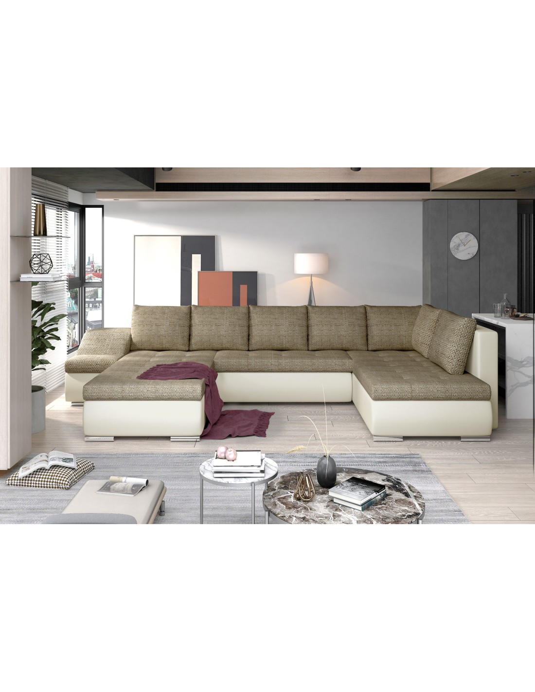 Canapé Panoramique Gyovani Beige Et Blanc Angle Gauche Convertible Avec Têtières