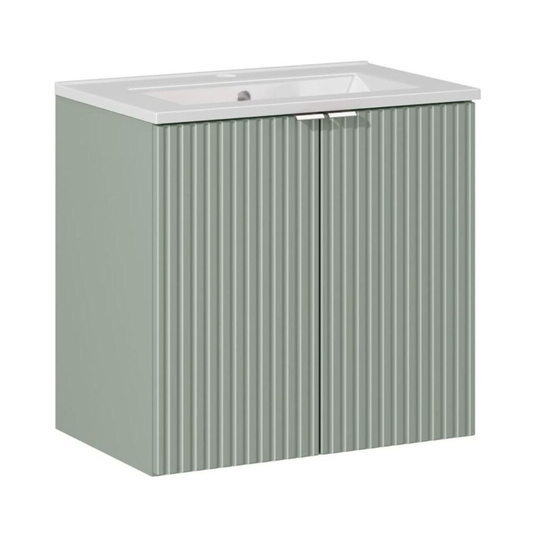 Ensemble De Salle De Bain Elvina 60cm: Meuble Sous Vasque À Placards Vert Sauge Gris + Vasque Encastrée Blanche