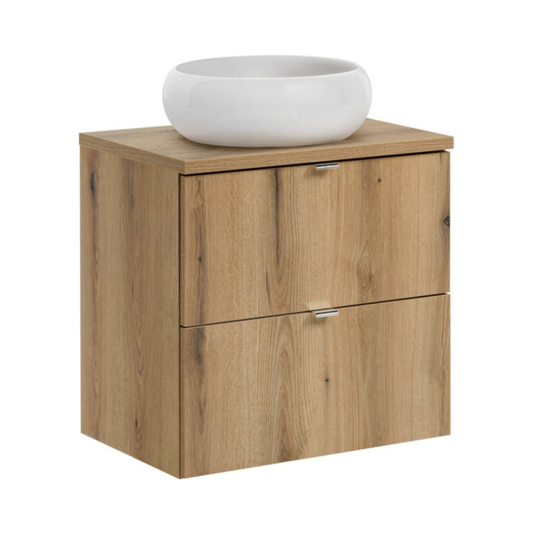 Ensemble De Salle De Bain Vano Aspect Chêne 60cm: Meuble Sous Vasque À Tiroirs + Plan Pour Vasque + Vasque À Poser Ronde