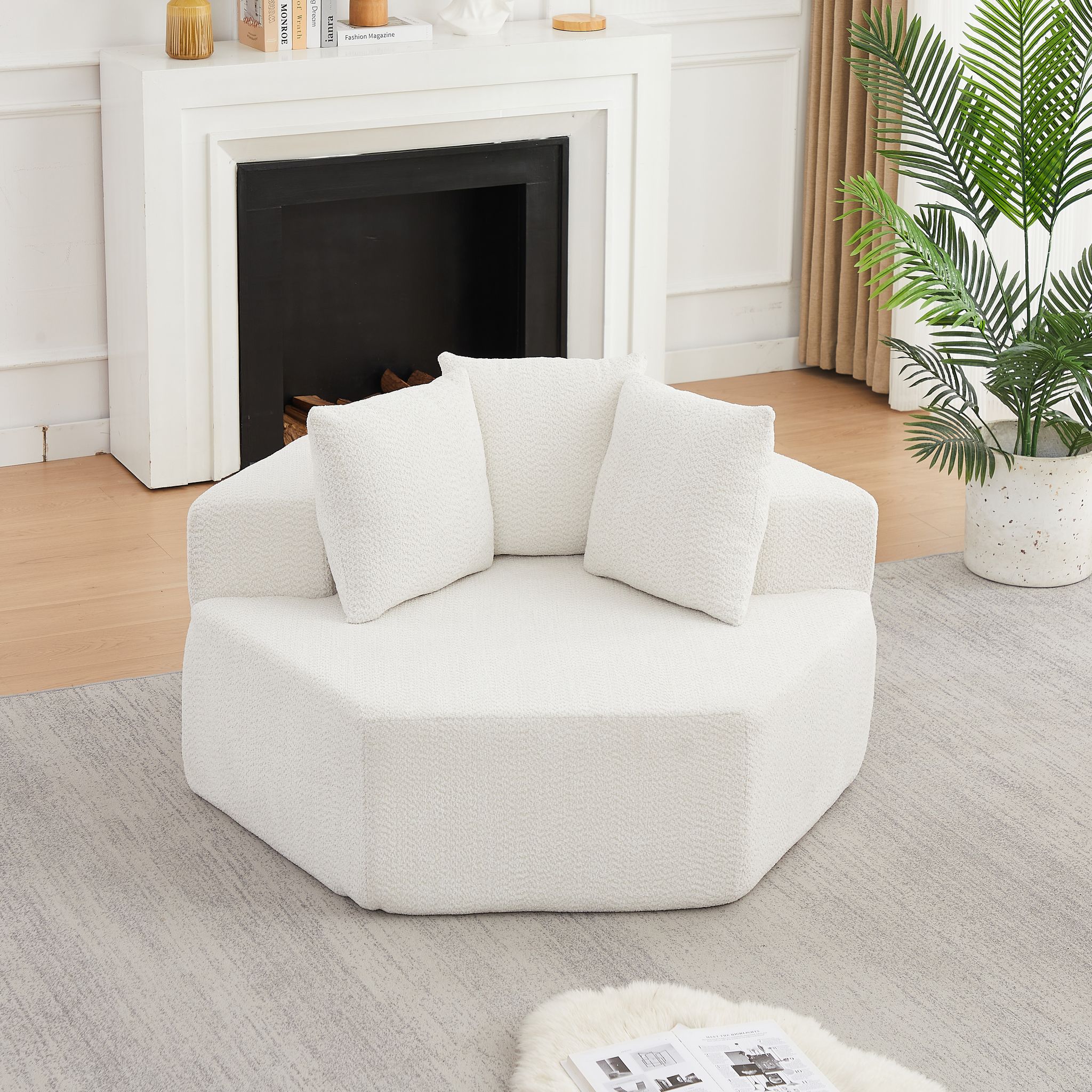 Redom-fauteuil Lounge Modulaire Hexagonal, 137x32x32 Cm,avec 3 Coussins, Tissu Chenille Bouclée, Base Antidérapante, Beige
