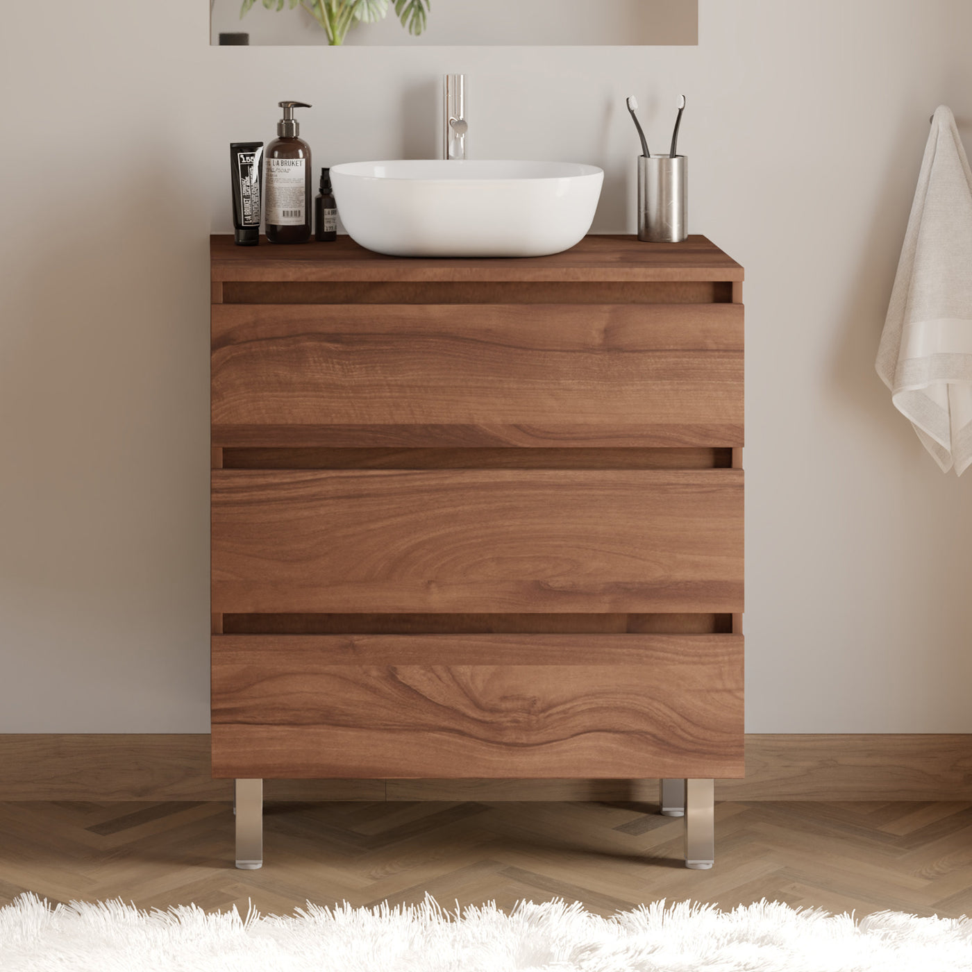 Meuble De Salle De Bain 60cm Avec Plateau Et Vasque À Poser Arrondie - 3 Tiroirs - Sans Miroir - Noyer (bois Foncé) - Mayor