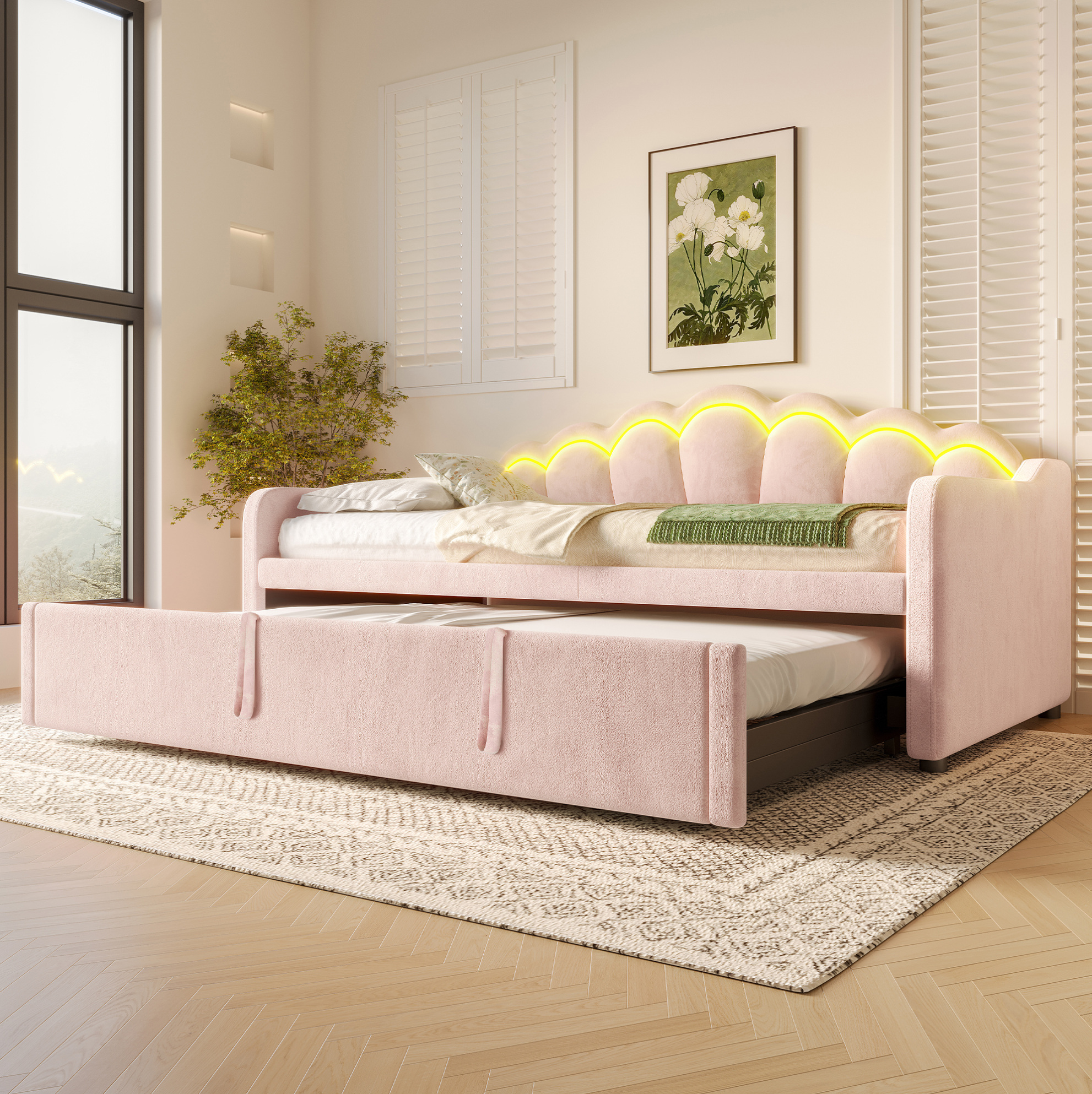 Lit De Jour Gigogne 90x200(180x200) En Velours Rose Avec Led, Canapé-lit