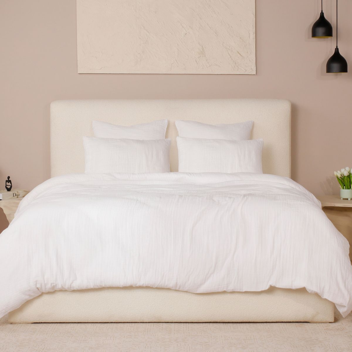 Parure Housse De Couette 240x220cm + 2 Taies 100% Gaze De Coton Lavée Blanc Pur - Valma