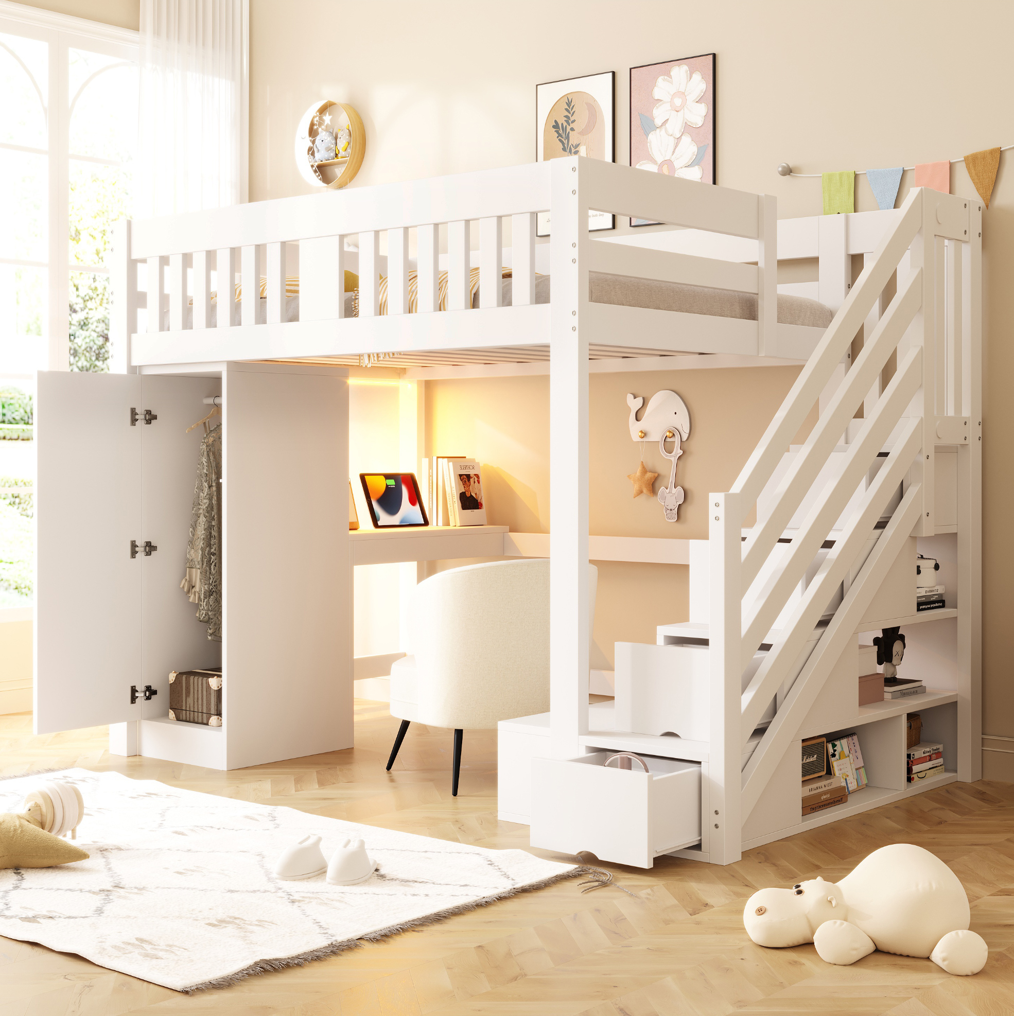 Lit Mezzanine 140 X 200 Cm Avec Escalier De Rangement, Bureau, Led Et Armoire, Blanc