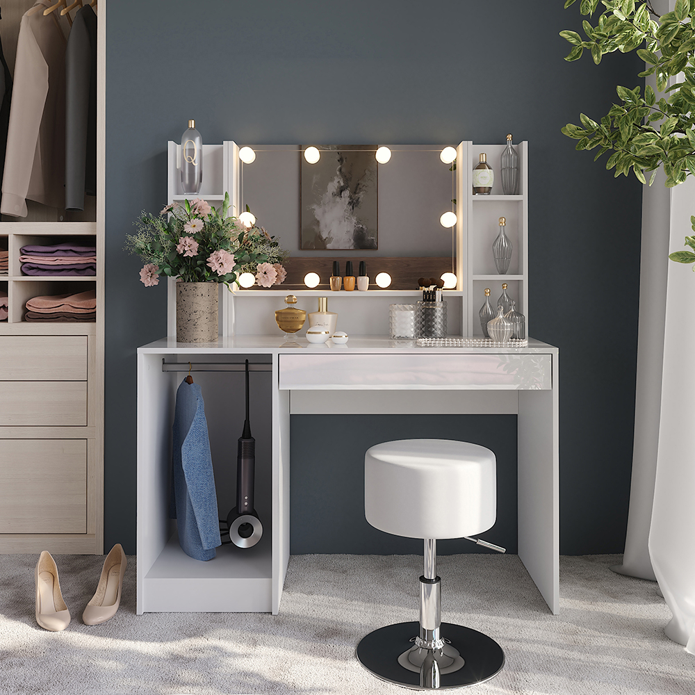 Coiffeuse Sherry, Blanc/blanc Haute Brillance, 119.8cm Avec Miroir Et Tabouret, Vicco