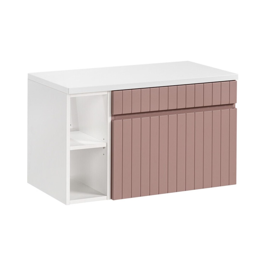 Ensemble Icon: Meubles Sous Vasque 80cm Rose Poudré Avec Niches Visibles Blanches + Plan Pour Vasque Blanc