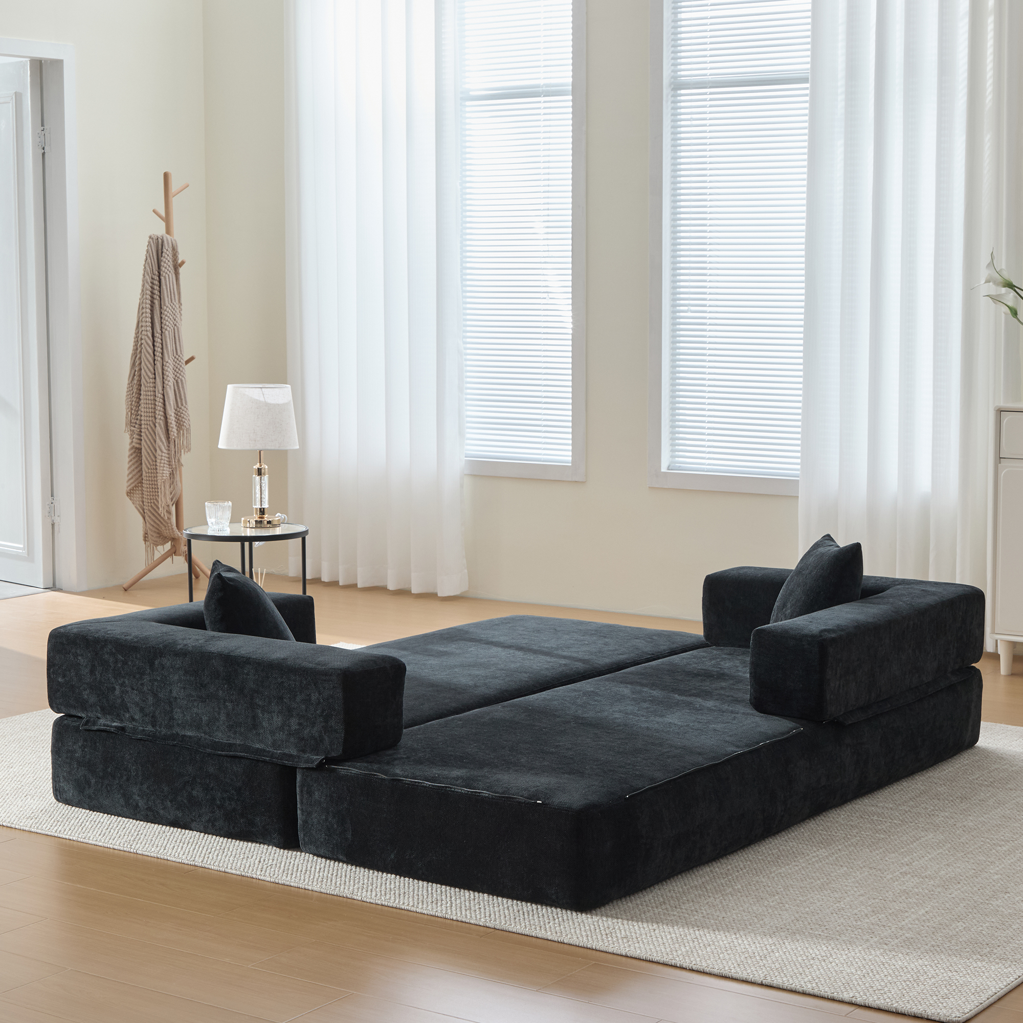 Redom Canapé Modulaire 198x79x60 Cm, Convertible En Lit, Poches Latérales, Base Antidérapante, Chenille Noire