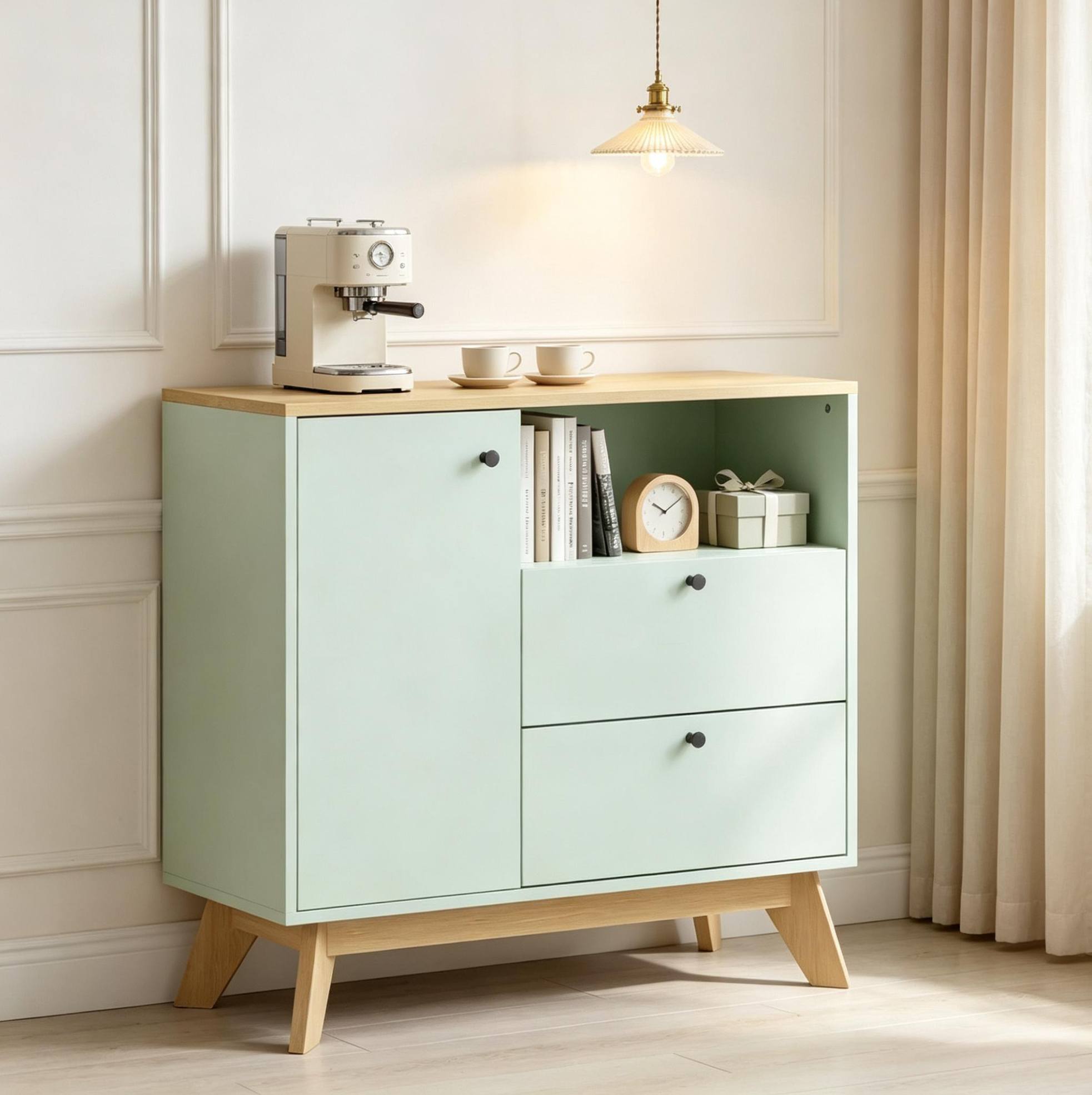 Buffet De Salon En Mdf, Porte, 2 Tiroirs, Niche Ouverte Et Étagère Réglable, Vert Clair