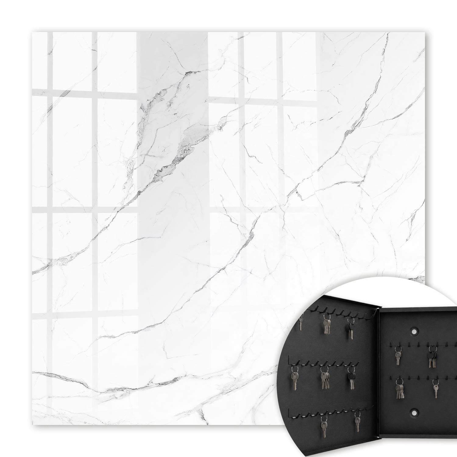 Armoire À Clés - (30 Cm X 30 Cm) - Boîte À Clés Murale - Coffret De Rangement Pour Clés - Couleur Noire - Ouverture Vers La Gauche - Pour Maison Et Bureau - Texture De Marbre