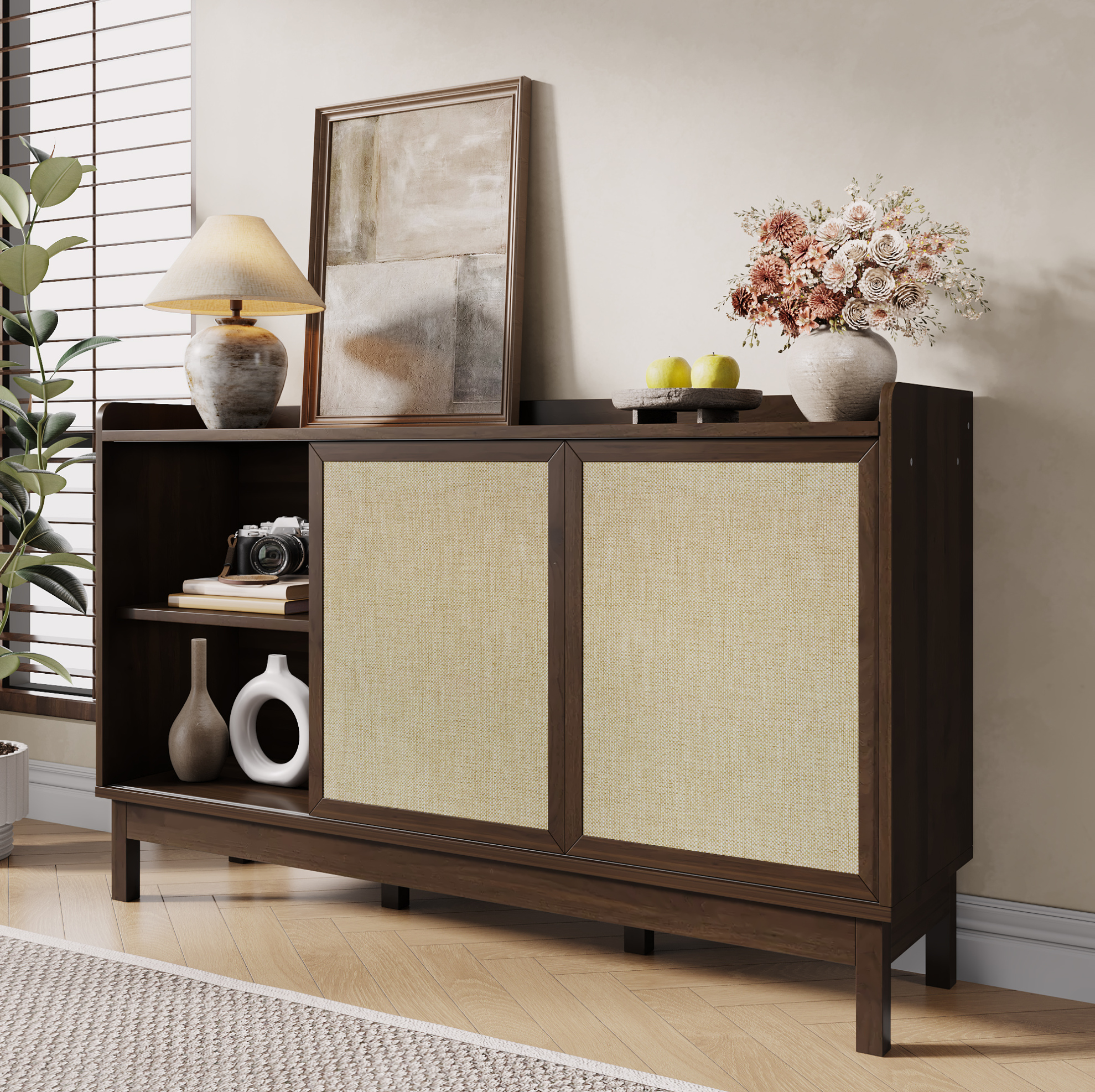 Redom - Buffet 150x39.5x80 Cm, Portes Coulissantes, Double Tiroir, Étagères Réglables, Panneau De Particules Naturel