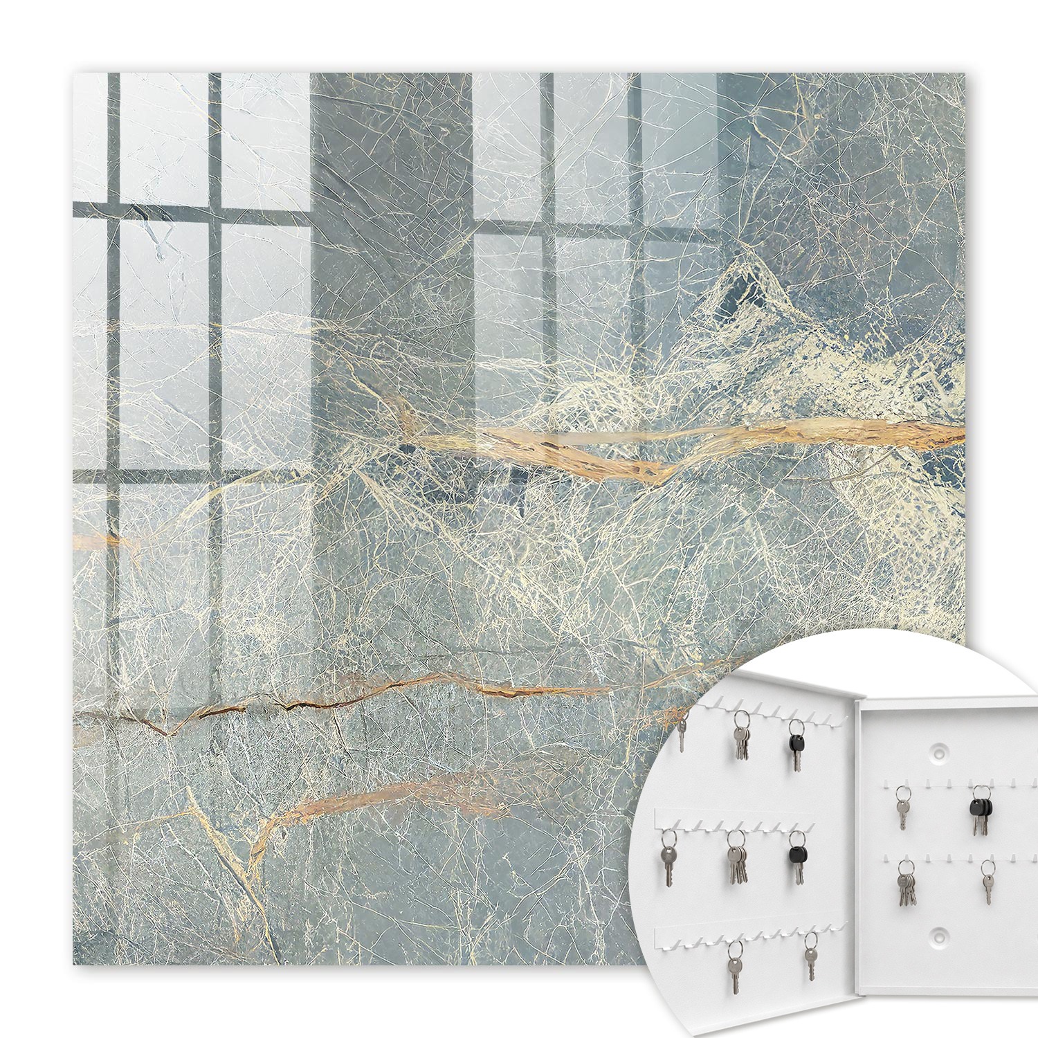 Armoire À Clés - (30 Cm X 30 Cm) - Boîte À Clés Murale - Coffret De Rangement Pour Clés - Couleur Blanche - Ouverture Vers La Gauche - Pour Maison Et Bureau - Texture De Marbre