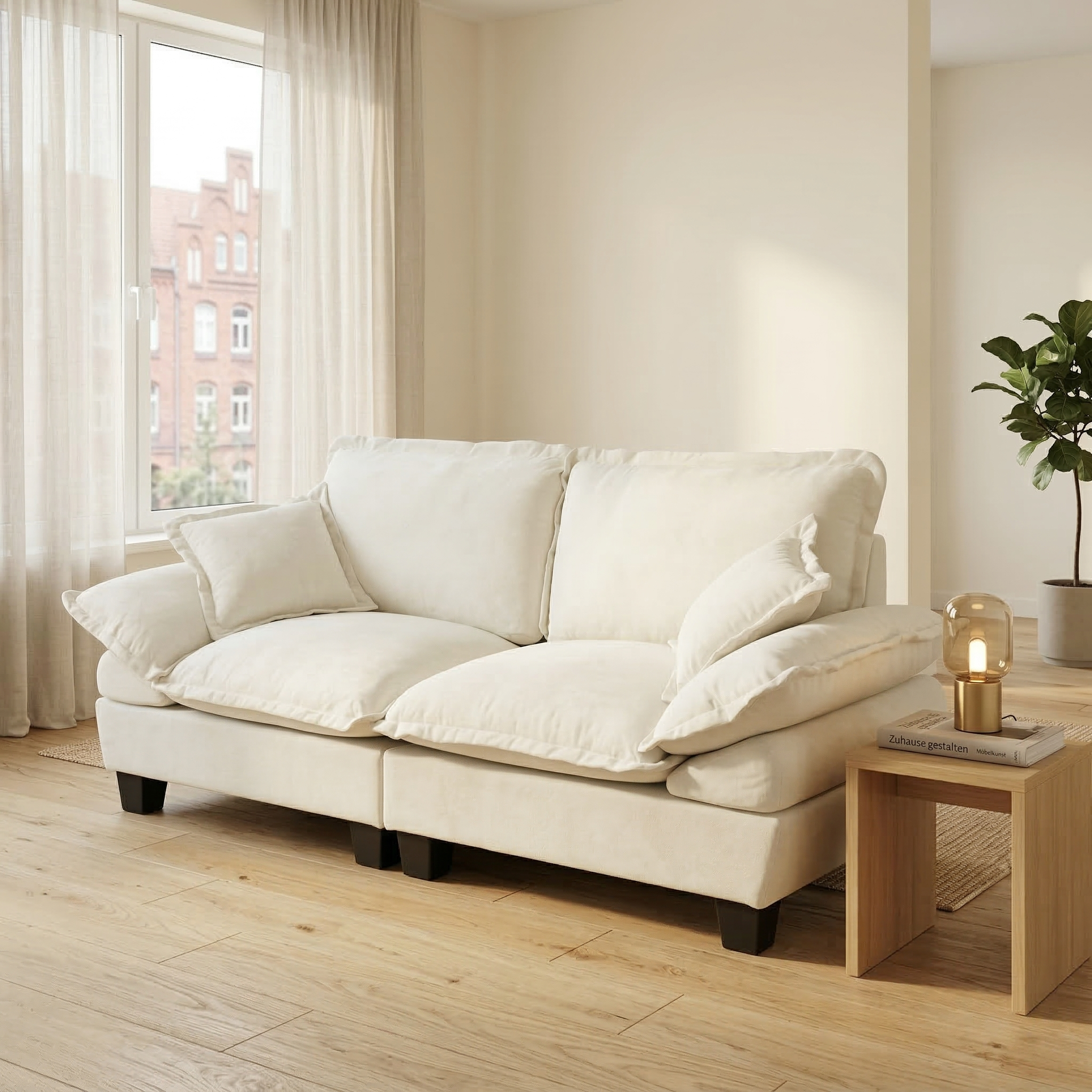 Redom Canapé 2 Places Modulable, Accoudoirs Courbés Amovibles, Confort Moelleux, Chenille Beige