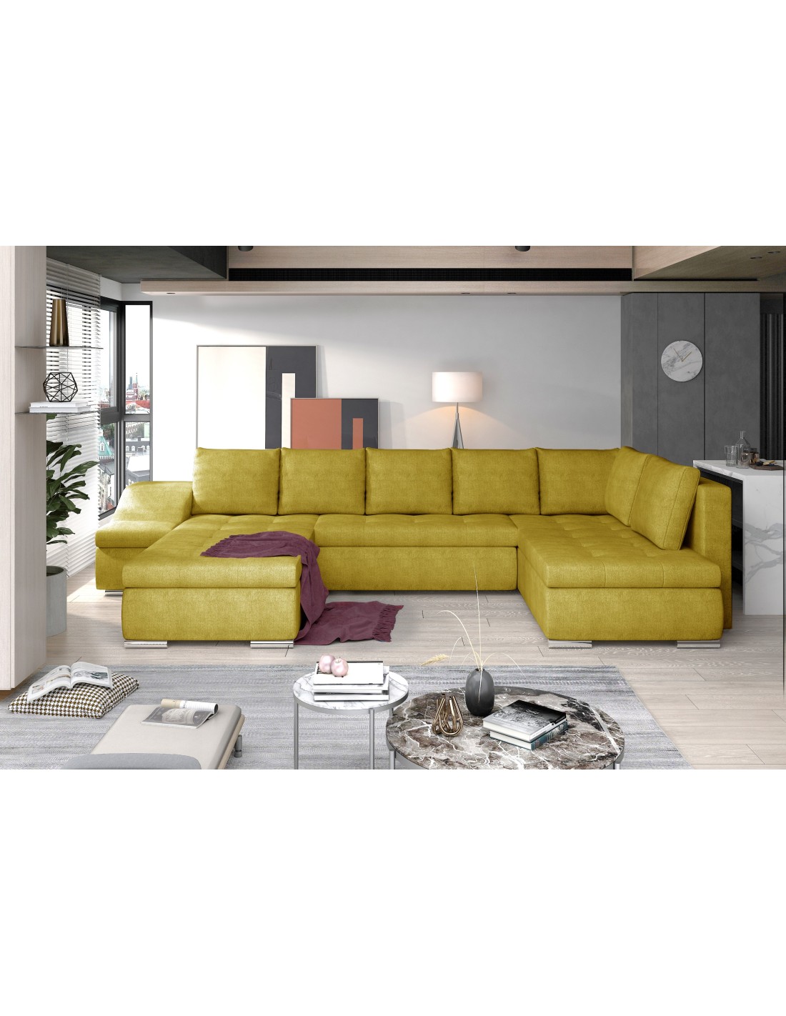 Canapé Panoramique Gyovani Jaune Chiné Angle Gauche Convertible Avec Têtières