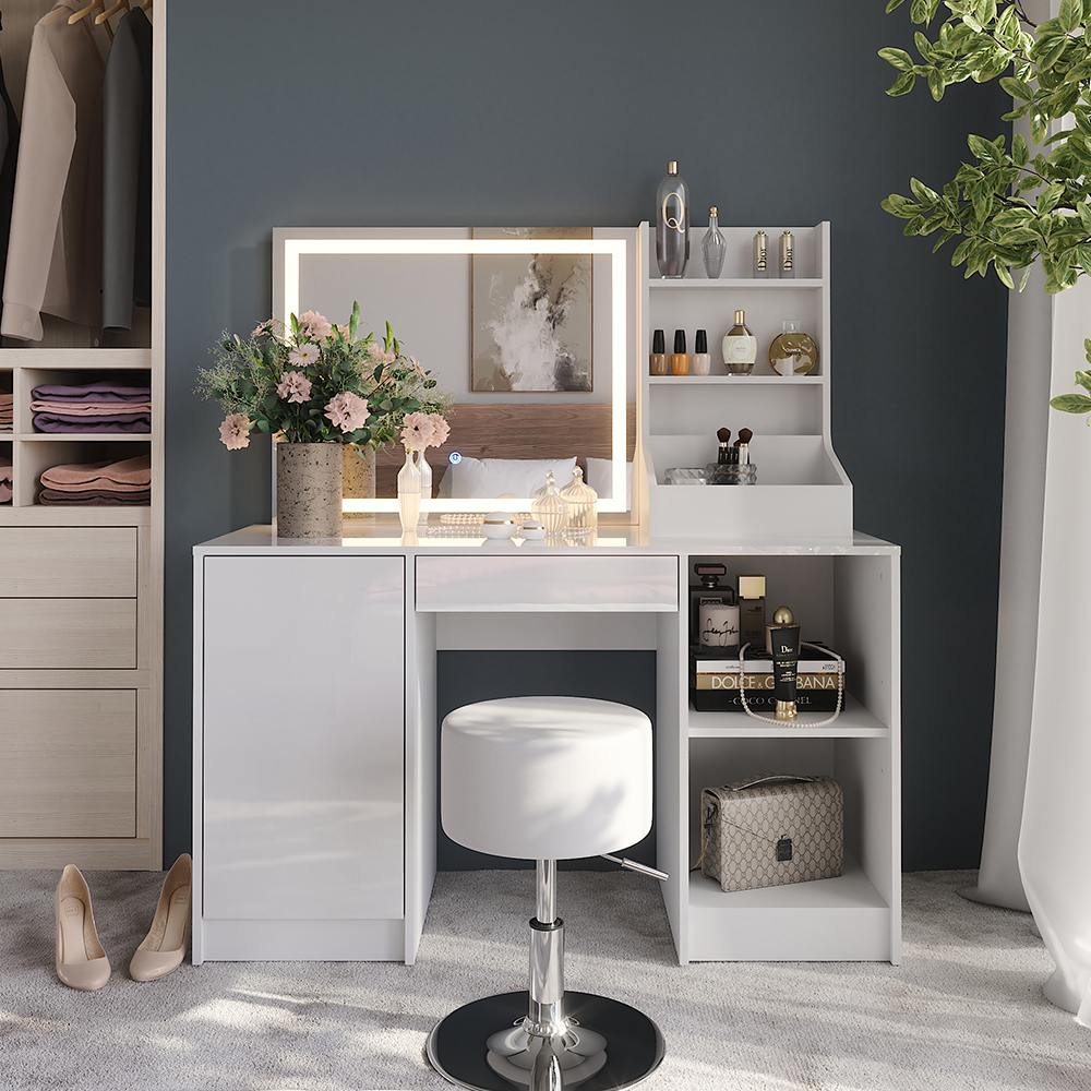 Coiffeuse Sherry, Blanc/blanc Haute Brillance, 128.2cm Avec Miroir Led Et Tabouret, Vicco