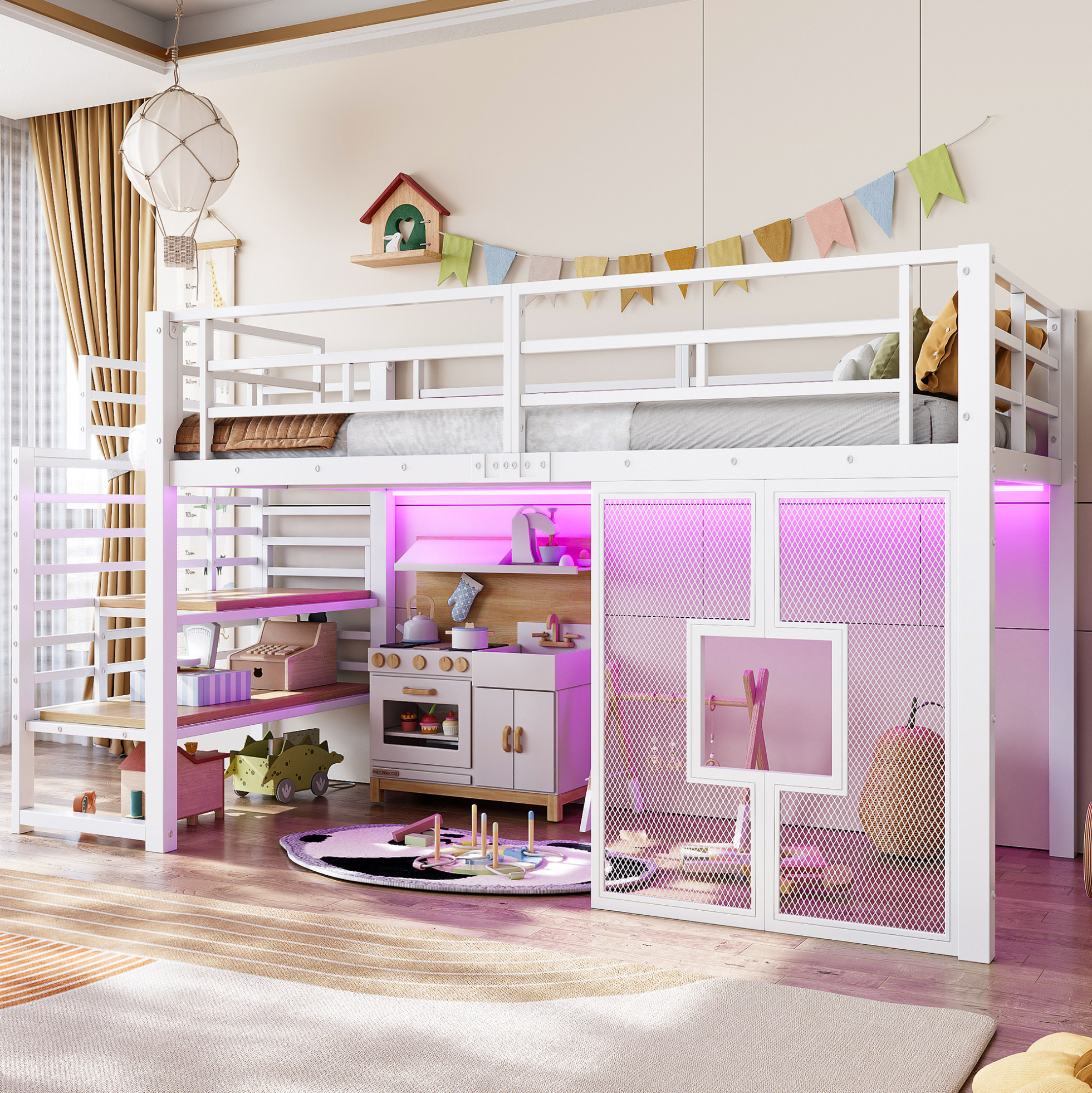 Lit Mezzanine En Métal 90x200 Cm Avec Escalier, Rangements, Led Et Fenêtres, Blanc