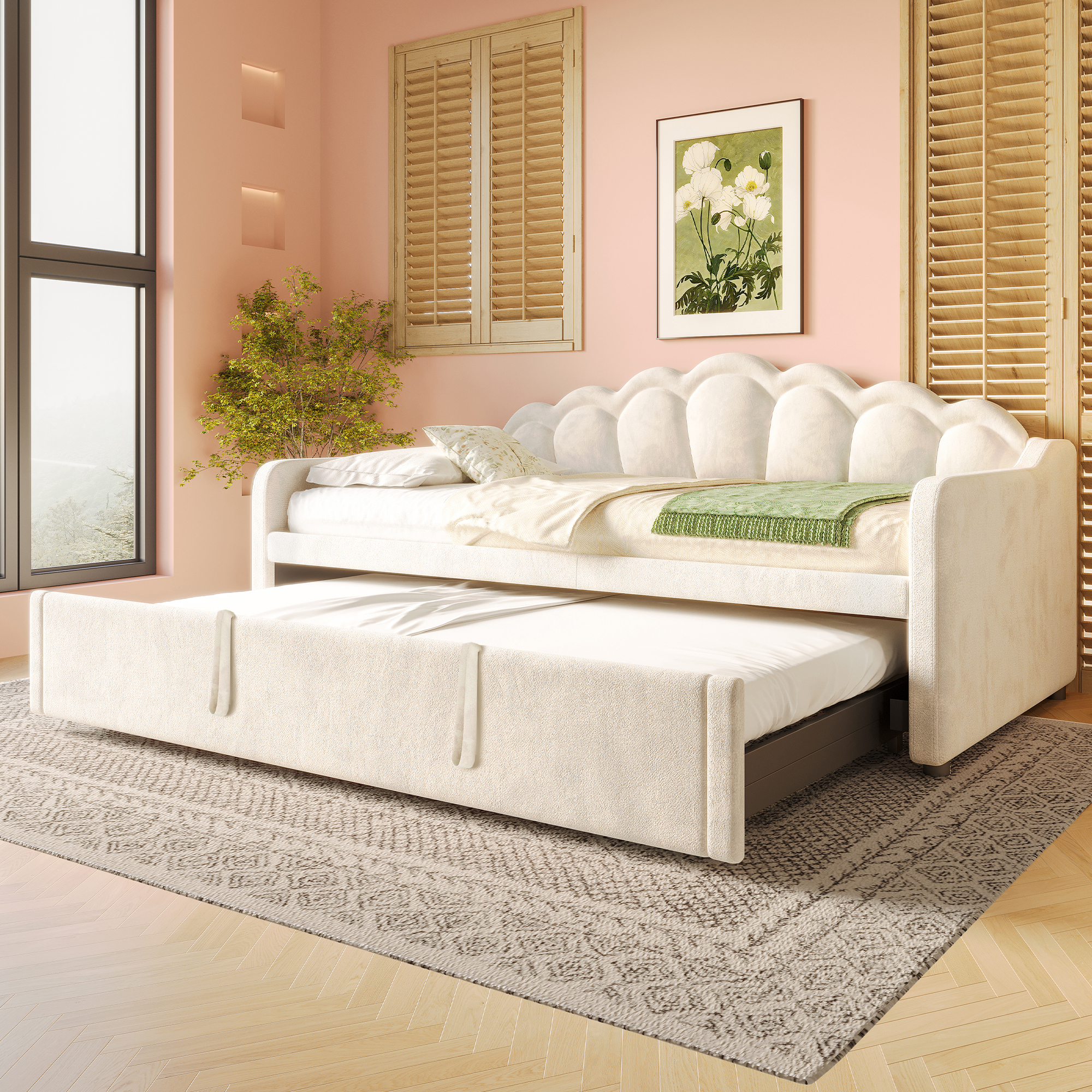 Redom Lit Gigogne 90x200/180x200 Cm Avec Led Réglable En Velours Beige (sans Matelas)