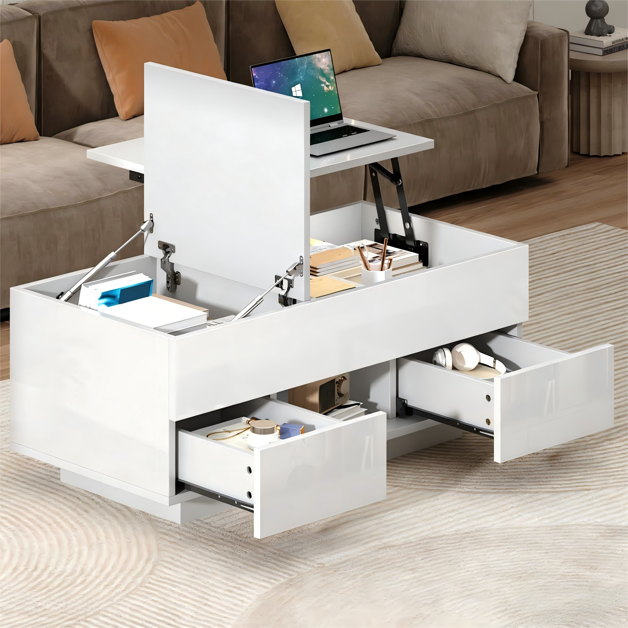 Redom Table Basse Relevable 100x45x43 Cm 2 Tiroirs, Rangement Caché, Led, Plateau Réglable, Panneau De Particules Blanc
