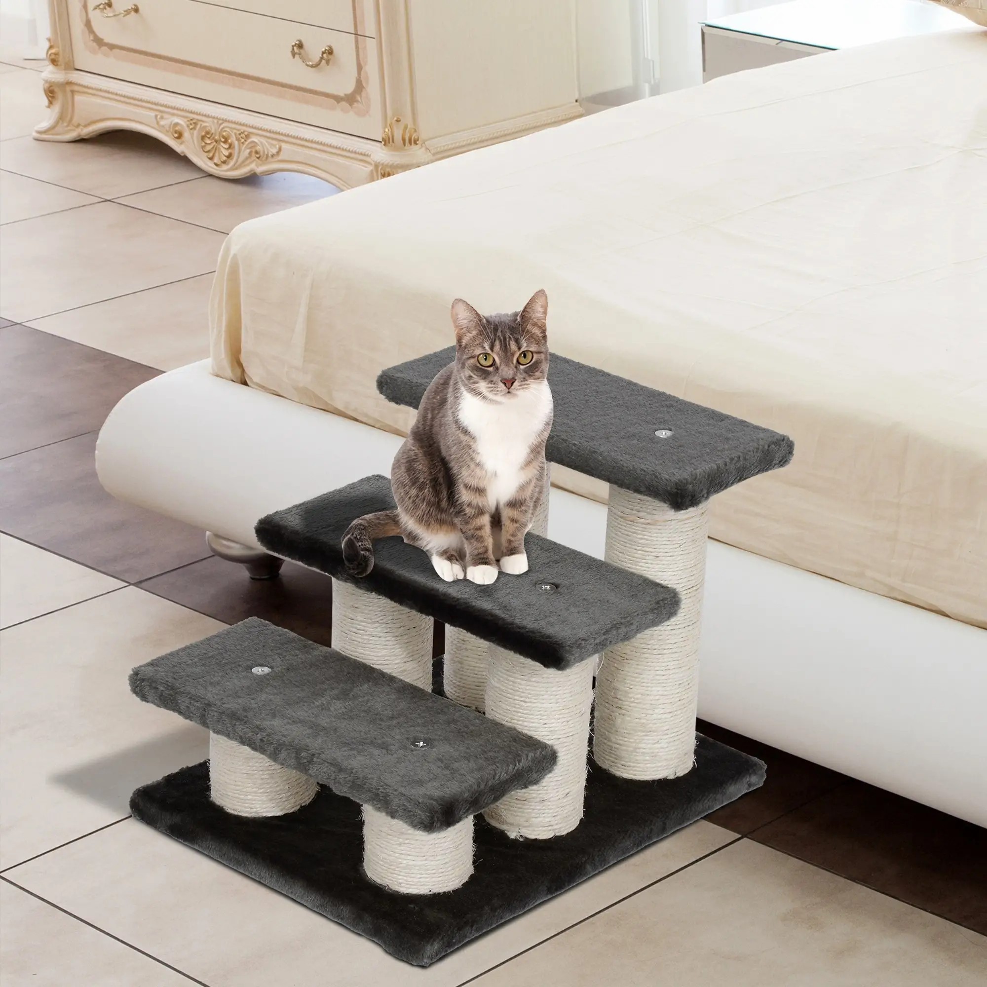 Tiertreppe Pour Chats Et Chiens 3 Marches En Peluche, Gris Foncé, 45 X 35 X 34 Cm, Redom