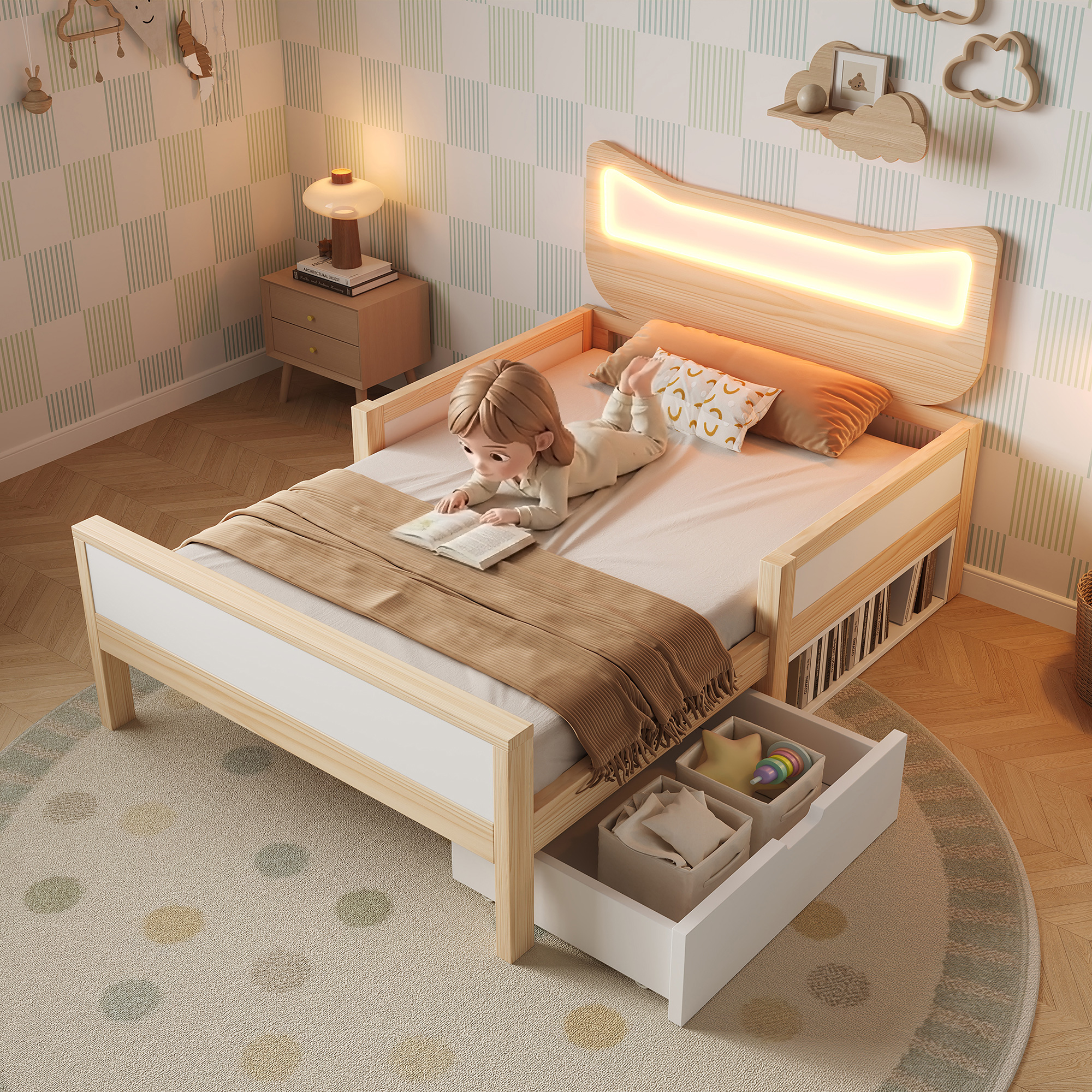 Redom Lit Enfant 90x200 Cm Avec Tête De Lit Chat Led Rgb, Rangement Et Tiroir Réversibles, Bois Blanc Et Chêne (sans Matelas)