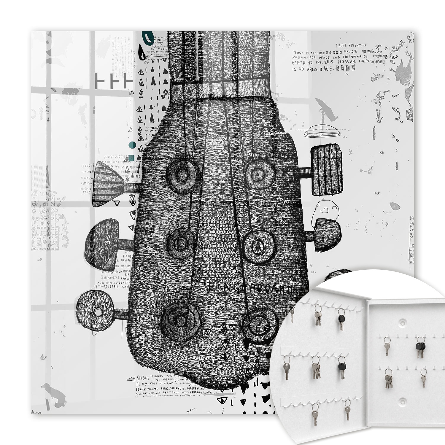 Armoire À Clés - (30 Cm X 30 Cm) - Boîte À Clés Murale - Coffret De Rangement Pour Clés - Couleur Blanche - Ouverture Vers La Gauche - Pour Maison Et Bureau - Illustration De Guitare