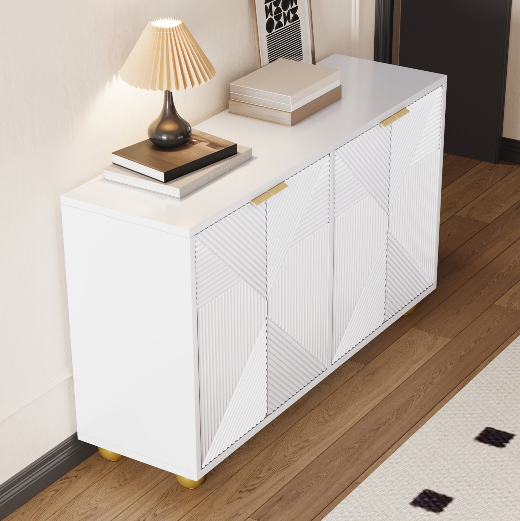Redom - Buffet 120x35x71.5 Cm, 4 Portes Gravées, Étagères Intérieures Réglables, Poignées Dorées, Mdf Blanc