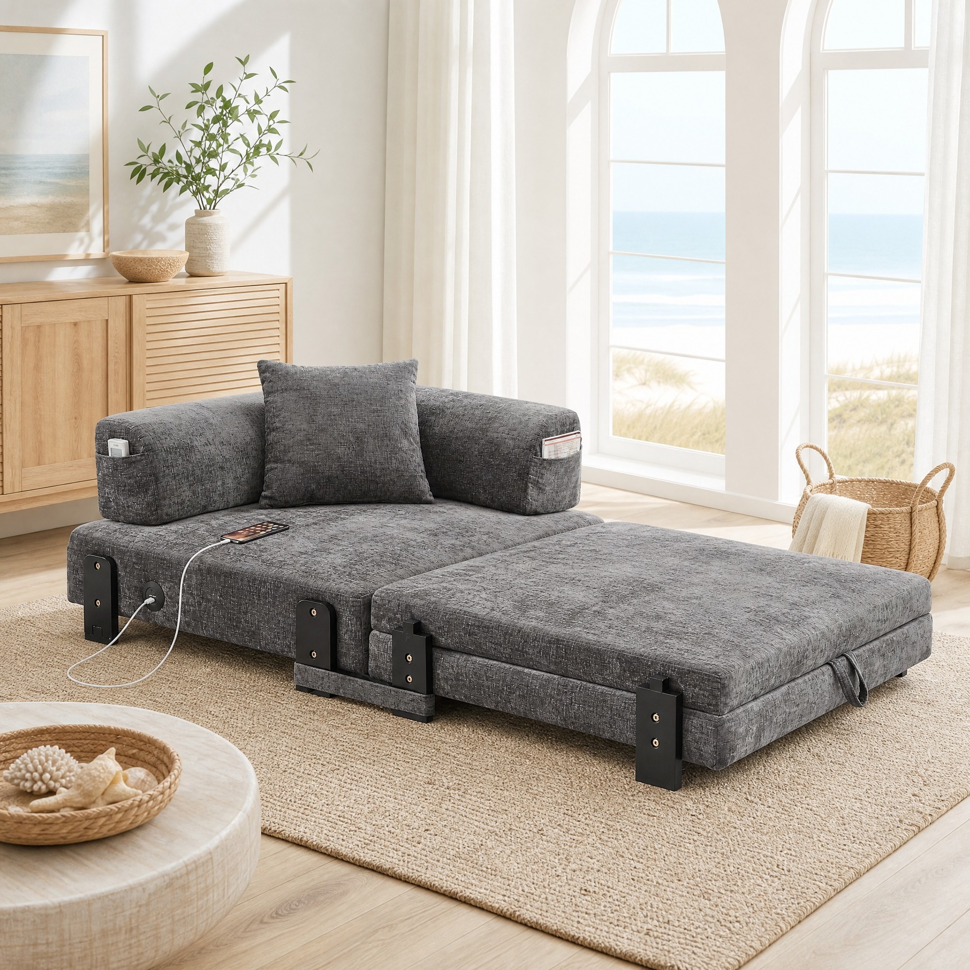 Sofá Cama Plegable (84x170.5x48 Cm), 2 En 1, Con Puertos Usb Y Type-c, Almacenamiento, Tejido Gris Oscuro