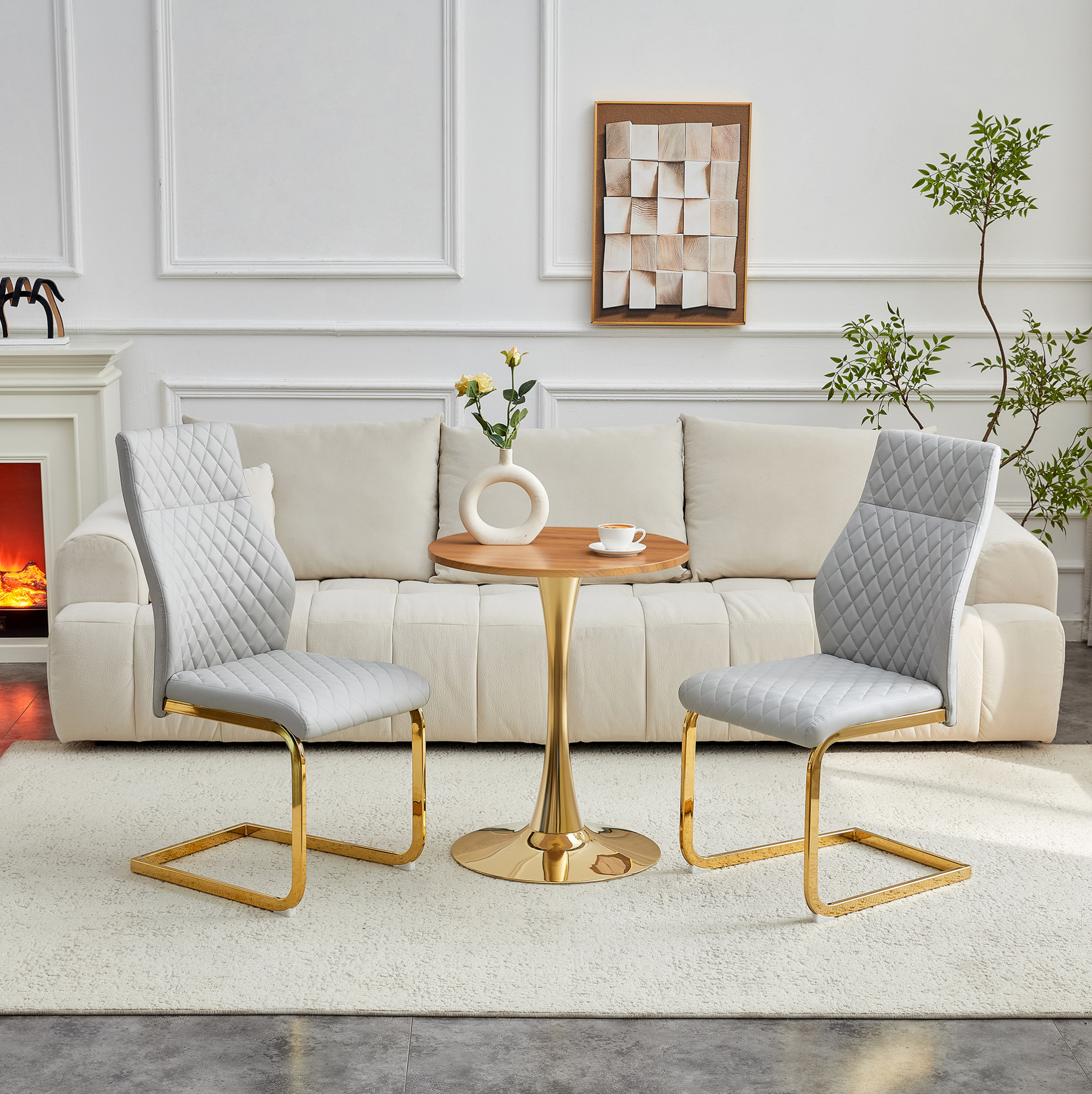 Ensemble Table Ronde 60 Cm En Mdf Effet Bois Avec 2 Chaises Gris Clair, Structure Dorée