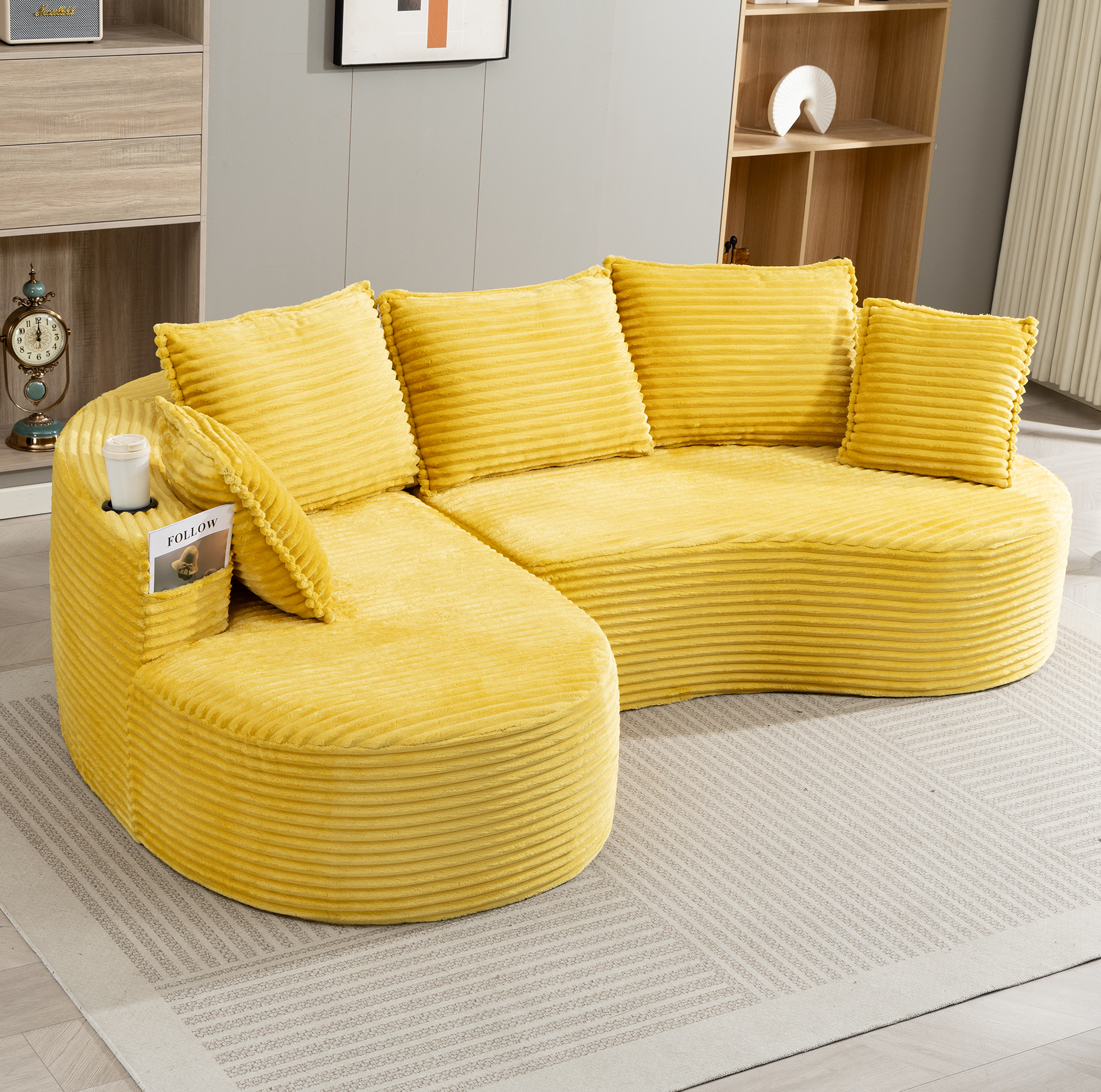 Canapé Avec Porte-gobelets, Poches Latérales Et Coussin, En Velours Côtelé Jaune Moutarde, 250x152x82 Cm