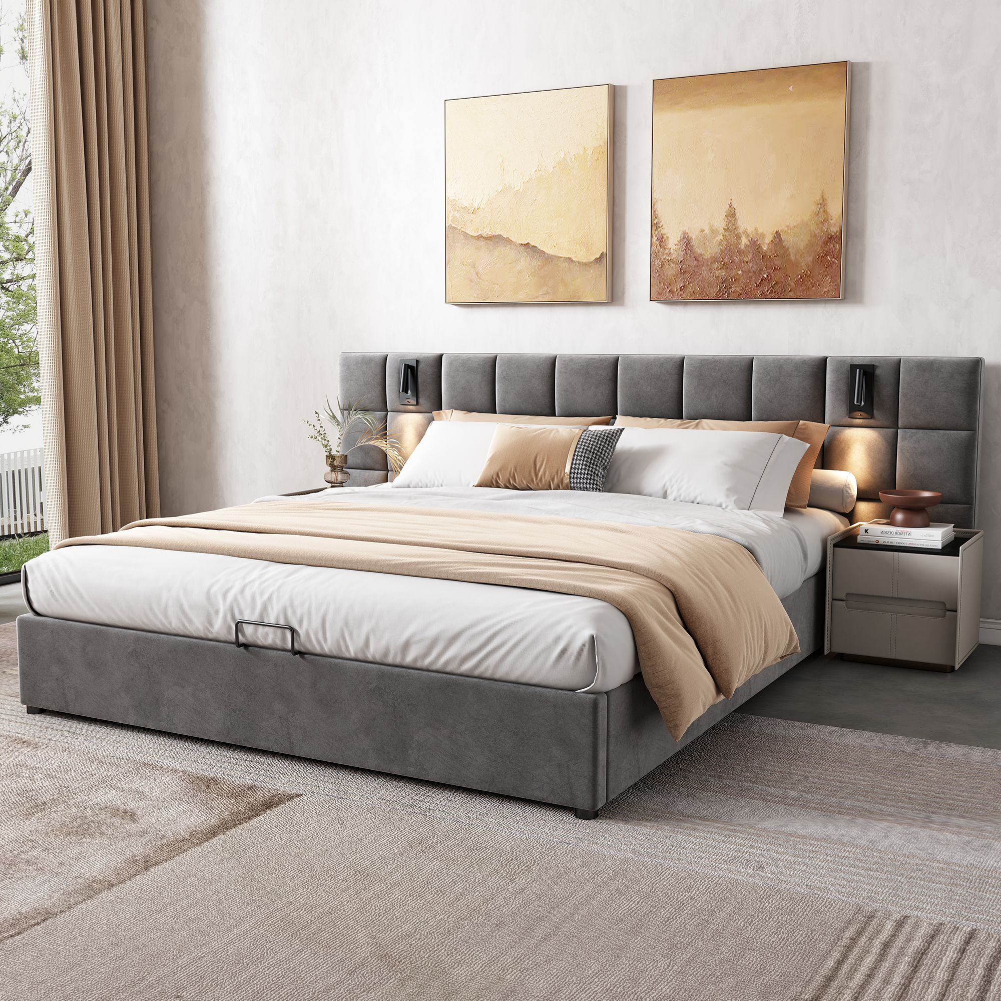 Redom Lit Coffre 180x200 Cm Avec Lampe De Lecture Réglable Et Ports Usb En Acier Gris (sans Matelas)