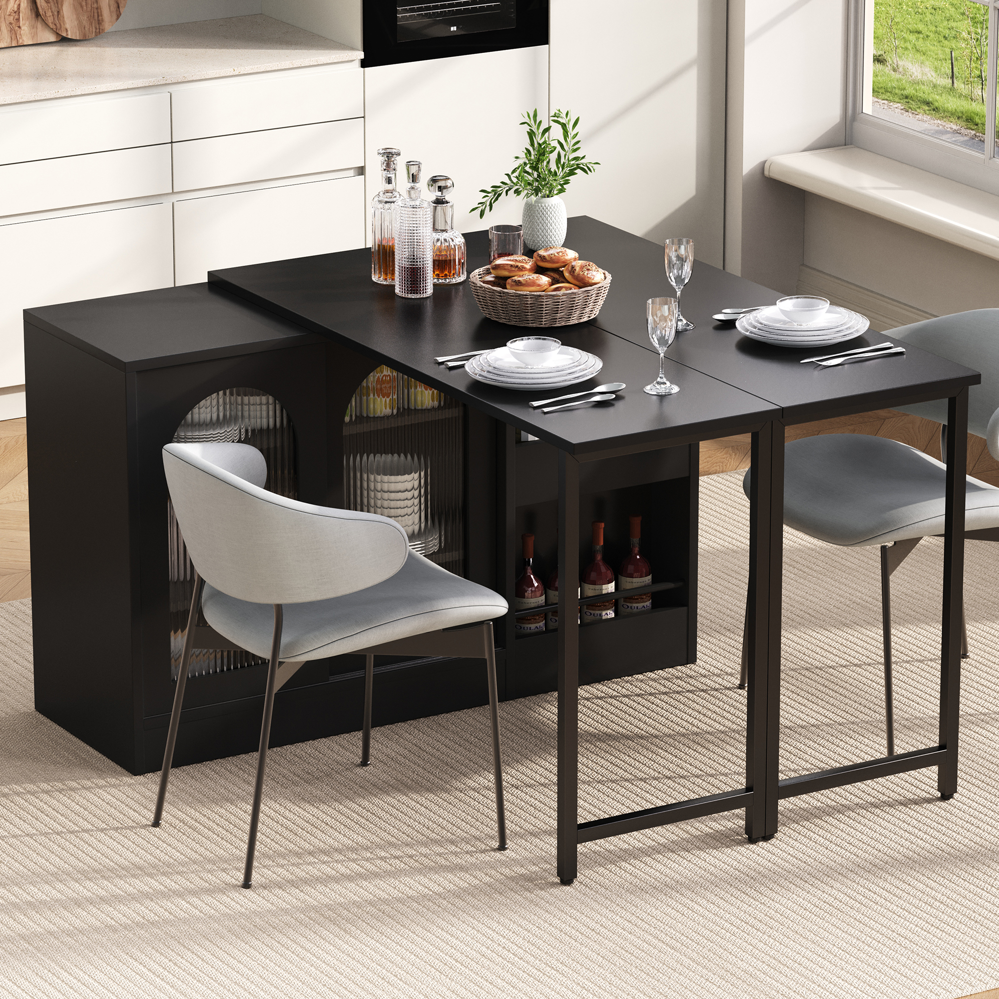 Redom Table De Bar Extensible Et Rotative À 360° 121.5x40x76.7 Cm Gain De Place Avec Rangement Mdf Noir