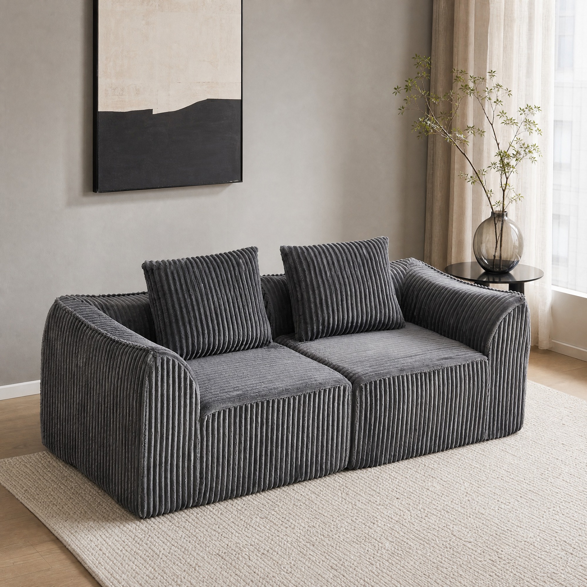 Canapé Modulable En Corduroy Gris, Lignes Courbes, Dossier Incliné, 2 Coussins, 185 X 101 X 72,5 Cm