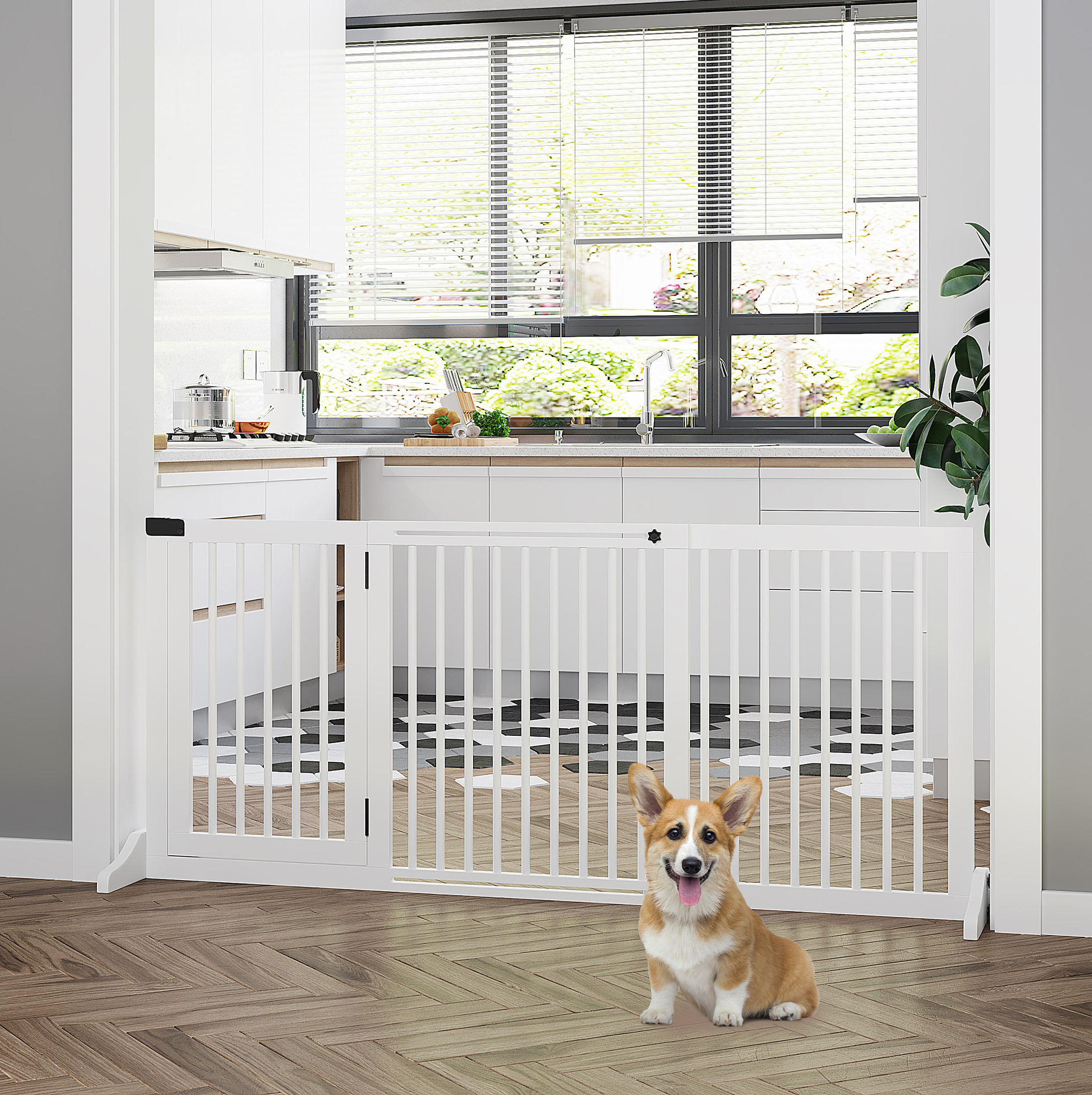 Barrière De Sécurité Autoportante Pour Chiens En Bois Blanc Avec Porte, 113-166 X 36 X 71 Cm