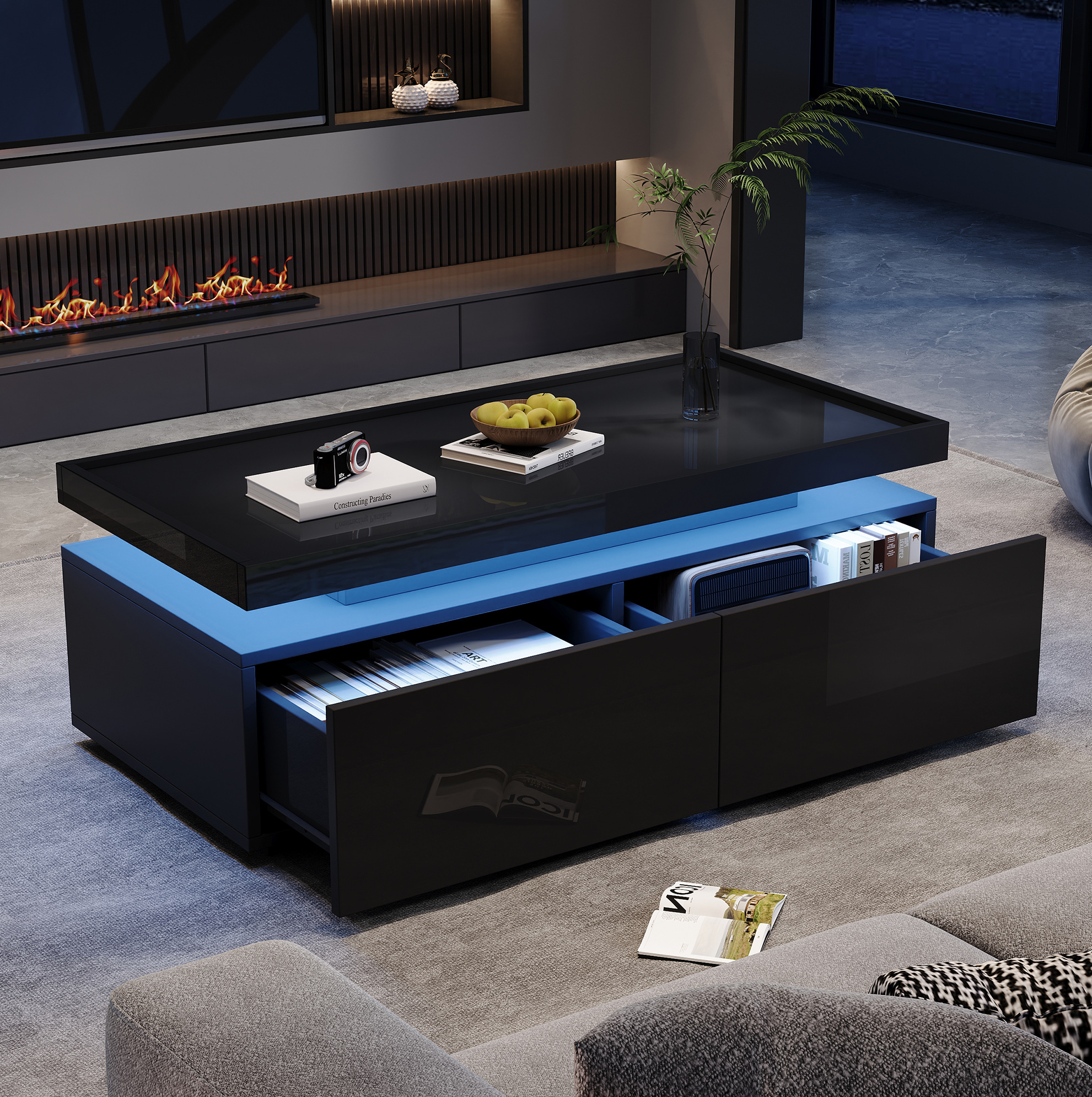 Table Basse Led Noire 95 X 45 X 35 Cm Avec 2 Tiroirs, Plateau Brillant, Redom