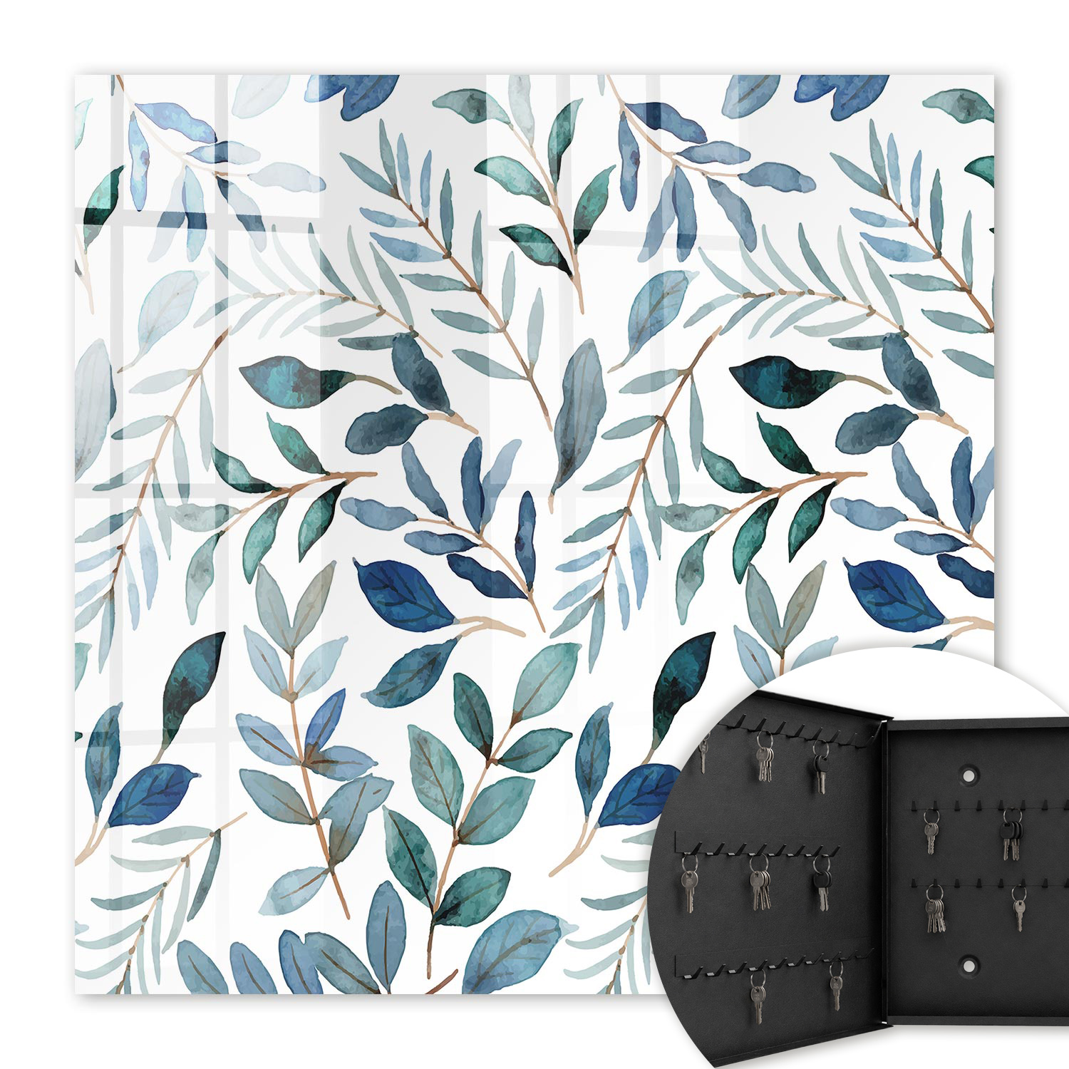 Armoire À Clés - (30 Cm X 30 Cm) - Boîte À Clés Murale - Coffret De Rangement Pour Clés - Couleur Noire - Ouverture Vers La Gauche - Pour Maison Et Bureau - Aquarelles De Plantes
