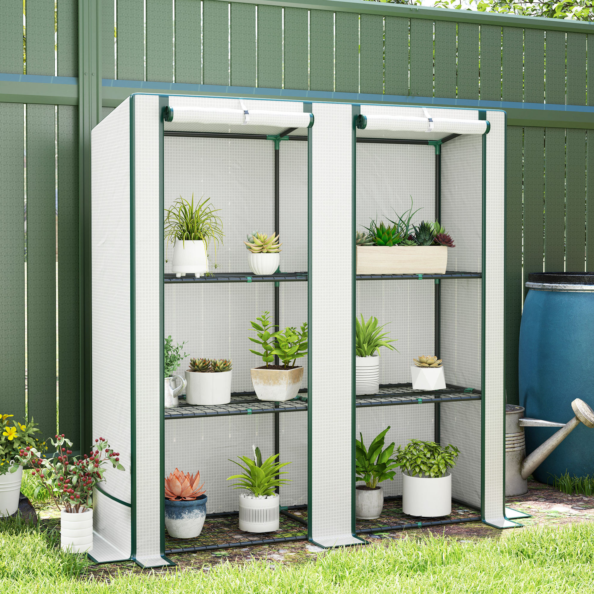 Serre De Jardin À 2 Portes, Étagères, Bâche 140 G/m², Acier, Blanche, 144 X 48 X 152 Cm