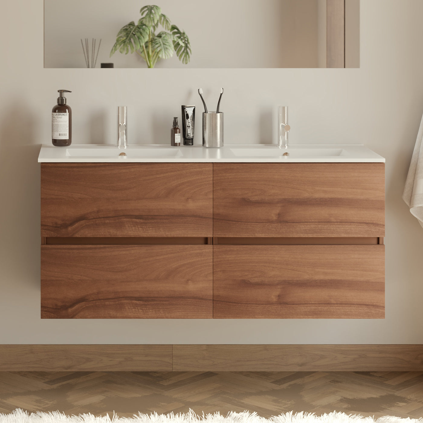 Meuble De Salle De Bain 120cm Double Vasque - 4 Tiroirs - Sans Miroir - Noyer (bois Foncé) - Ida