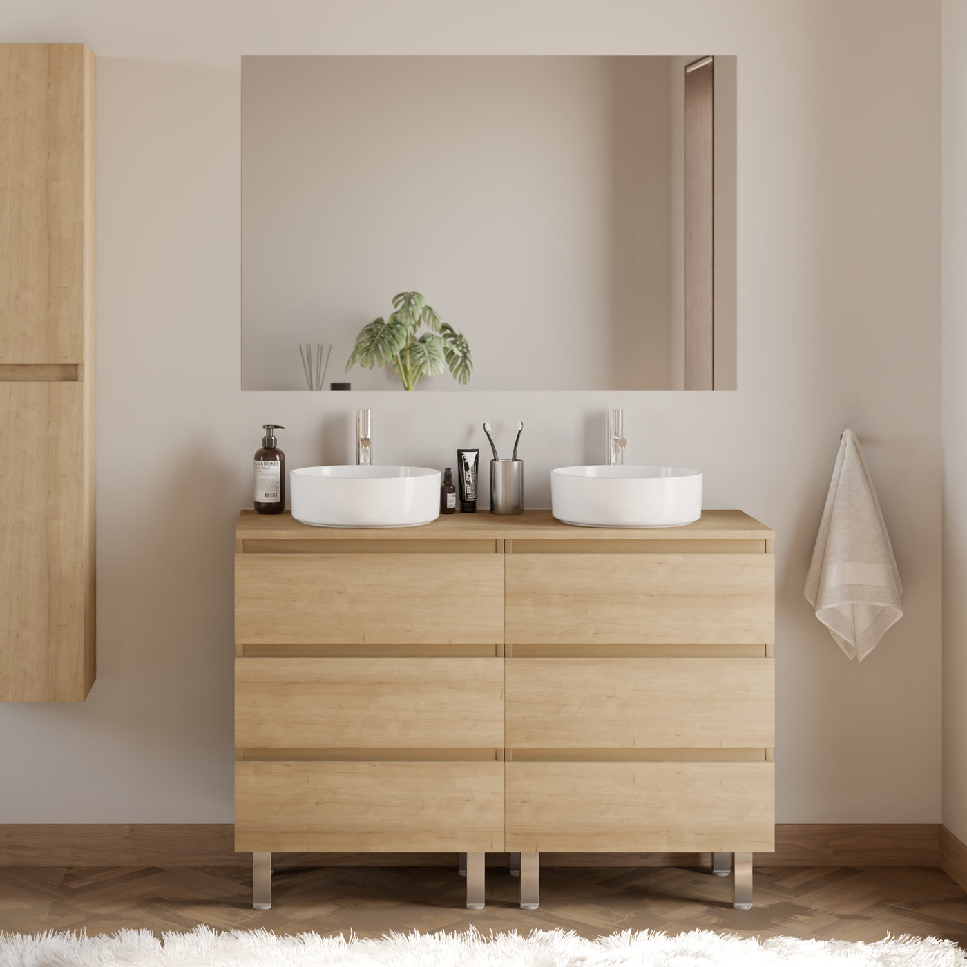 Meuble De Salle De Bain 140cm Avec Plateau Et 2 Vasques À Poser Rondes - 6 Tiroirs - Nebraska (chêne Clair) - Mayor