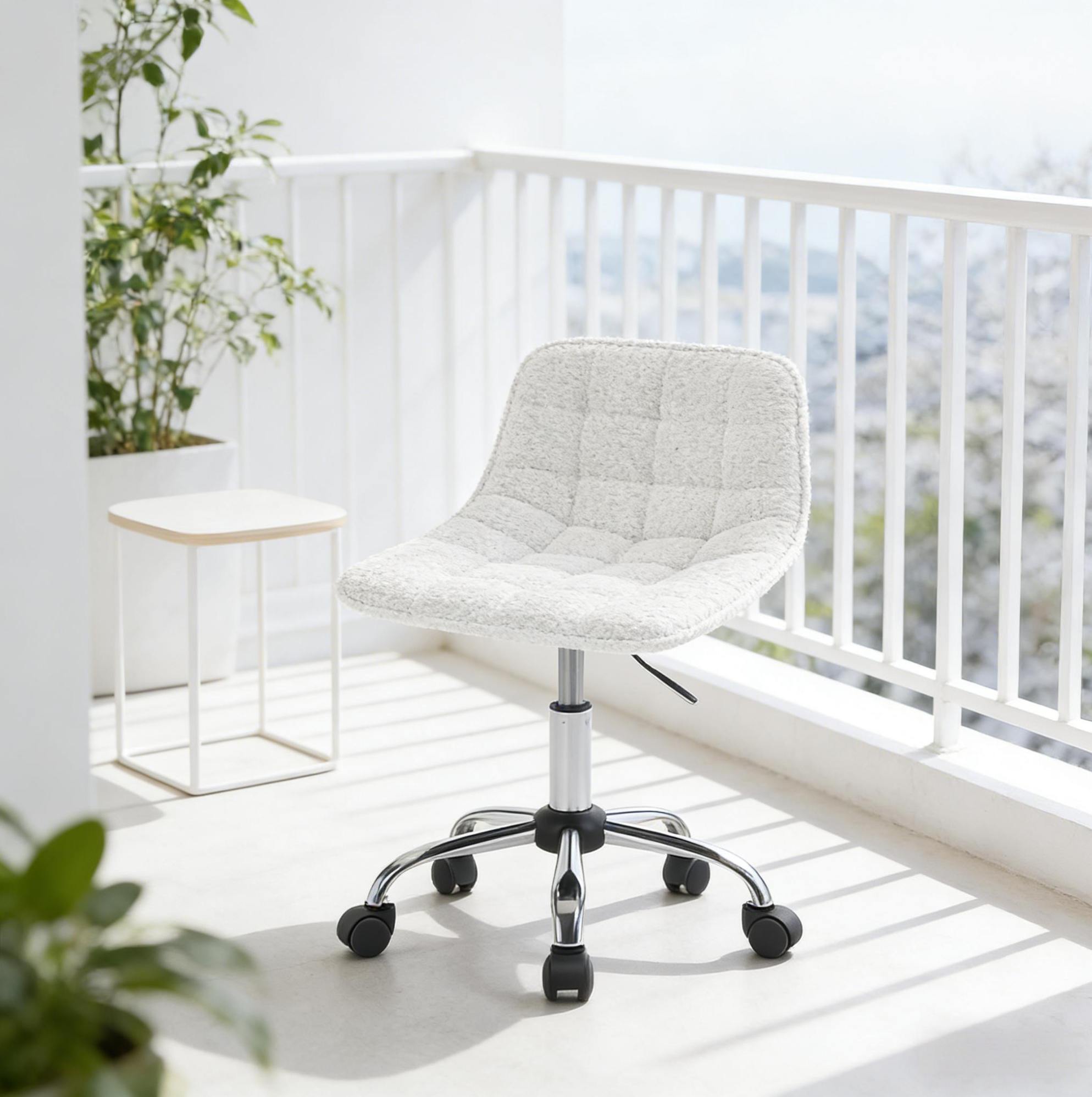 Silla De Oficina Giratoria, Asiento De Chenilla, Altura Ajustable, Base Metálica Con Ruedas, Blanca