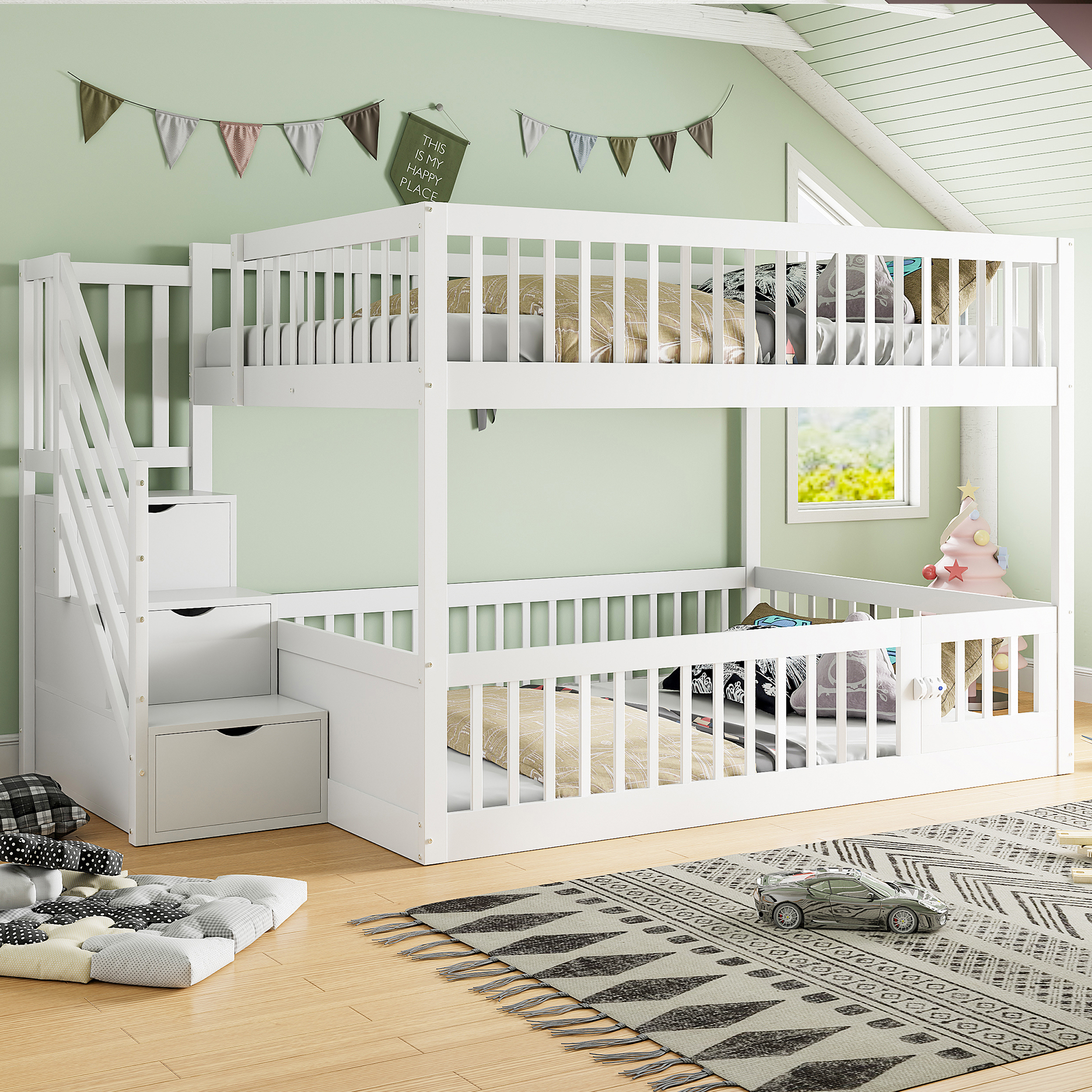 Redom Lit Superposé 140x200 Cm Avec Escalier De Rangement Et Porte Ouvrante, Bois, Blanc (sans Matelas)