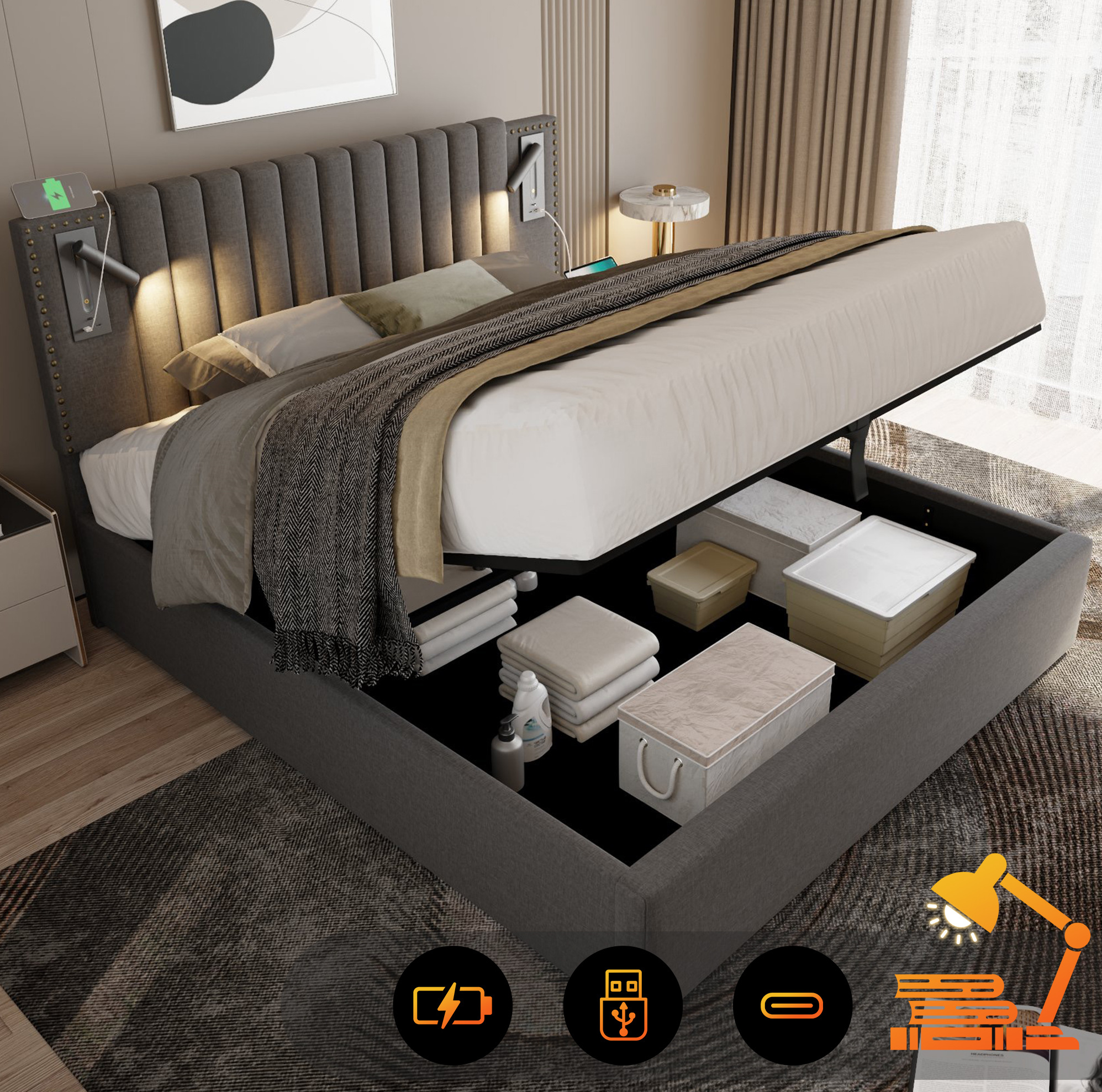 Lit Coffre 180x200 Cm Avec Tête De Lit Réglable, Liseuses Et Ports Usb/type-c, Gris, Redom