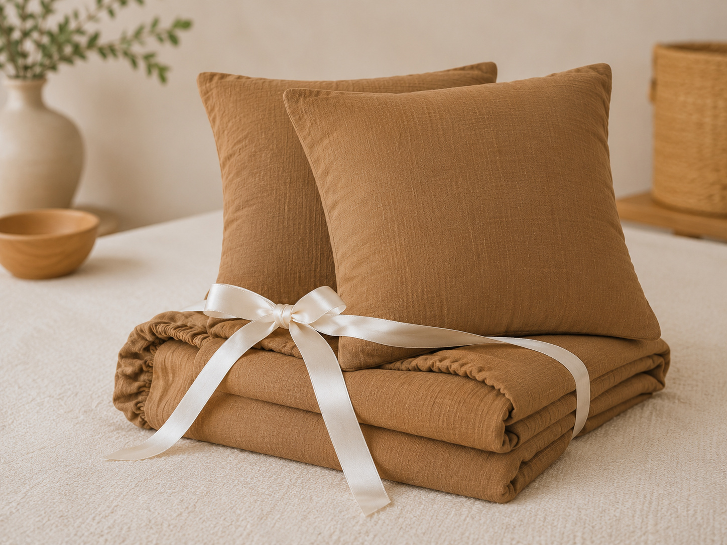 Pack Drap Housse 140 X 190 Cm + 2 Taies D'oreiller 60 X 60 Cm Double Gaze De Coton Gaïa Camel