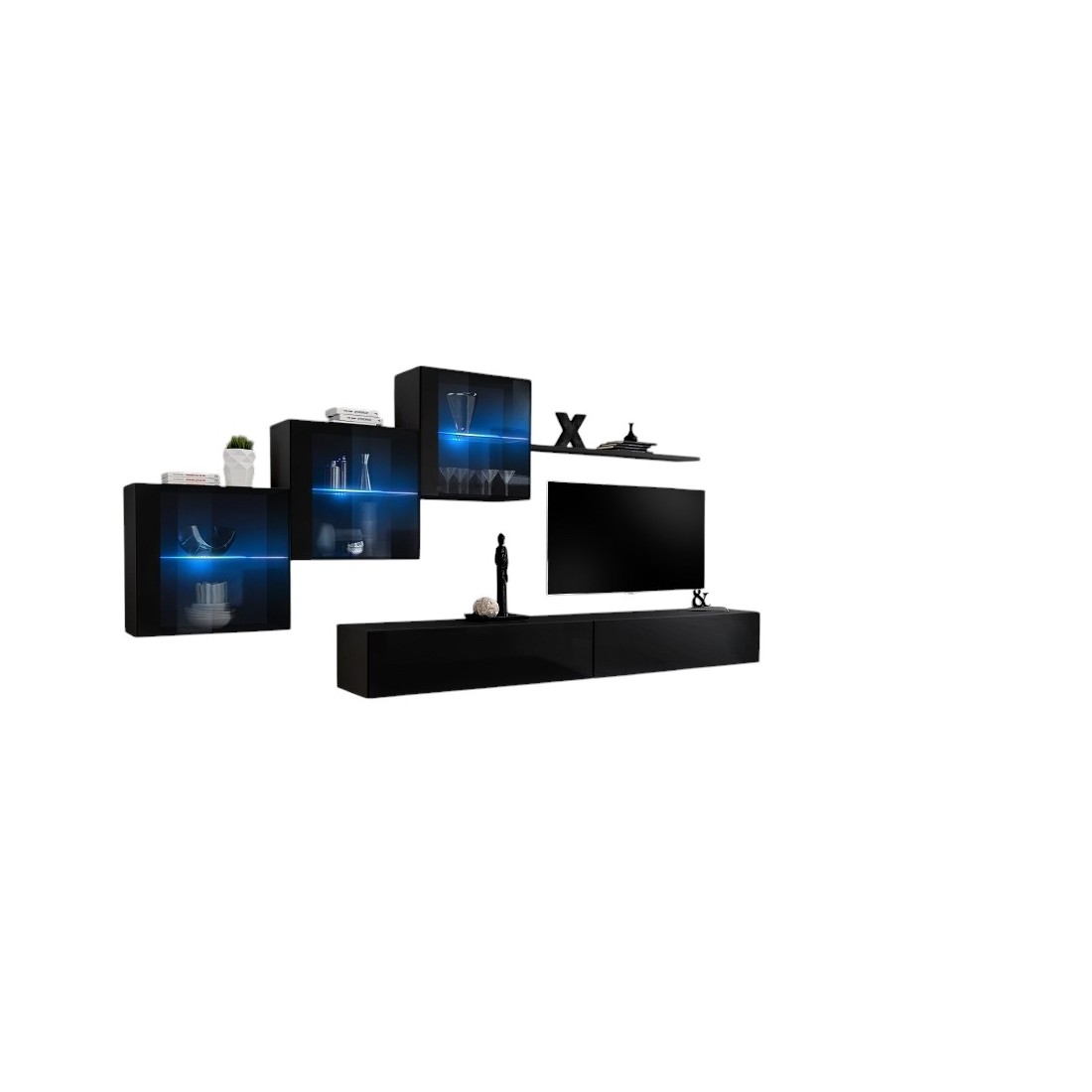 Composition Murale Switch Xx - Double Meuble Tv, Cubes Vitrés Led Et Étagère - Noir B