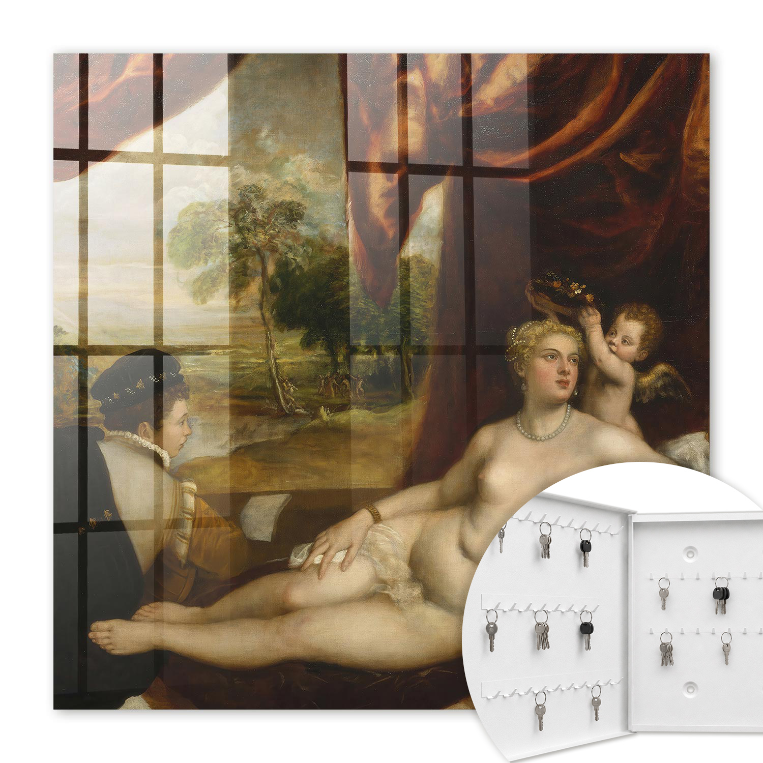Armoire À Clés - (30 Cm X 30 Cm) - Boîte À Clés Murale - Coffret De Rangement Pour Clés - Couleur Blanche - Ouverture Vers La Gauche - Pour Maison Et Bureau - Vénus Et Le Joueur De Luth De Titien